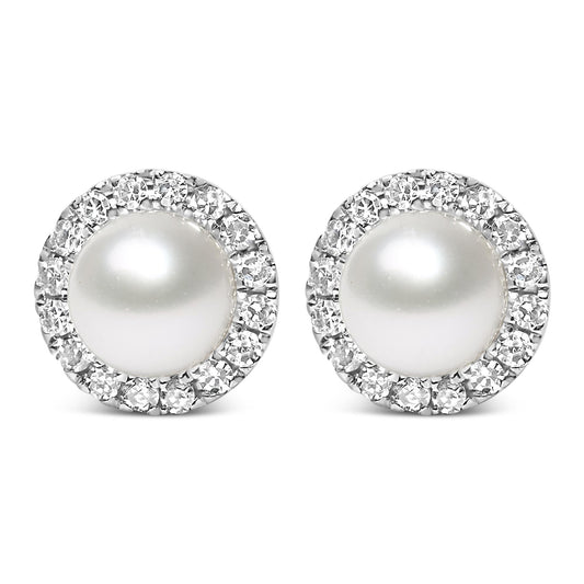 10K White Gold 4.5mm Cultured Freshwater Pearl and 1/7 Cttw Diamond Halo Stud Earring (I-J Color, I1-I2 Clarity)-0