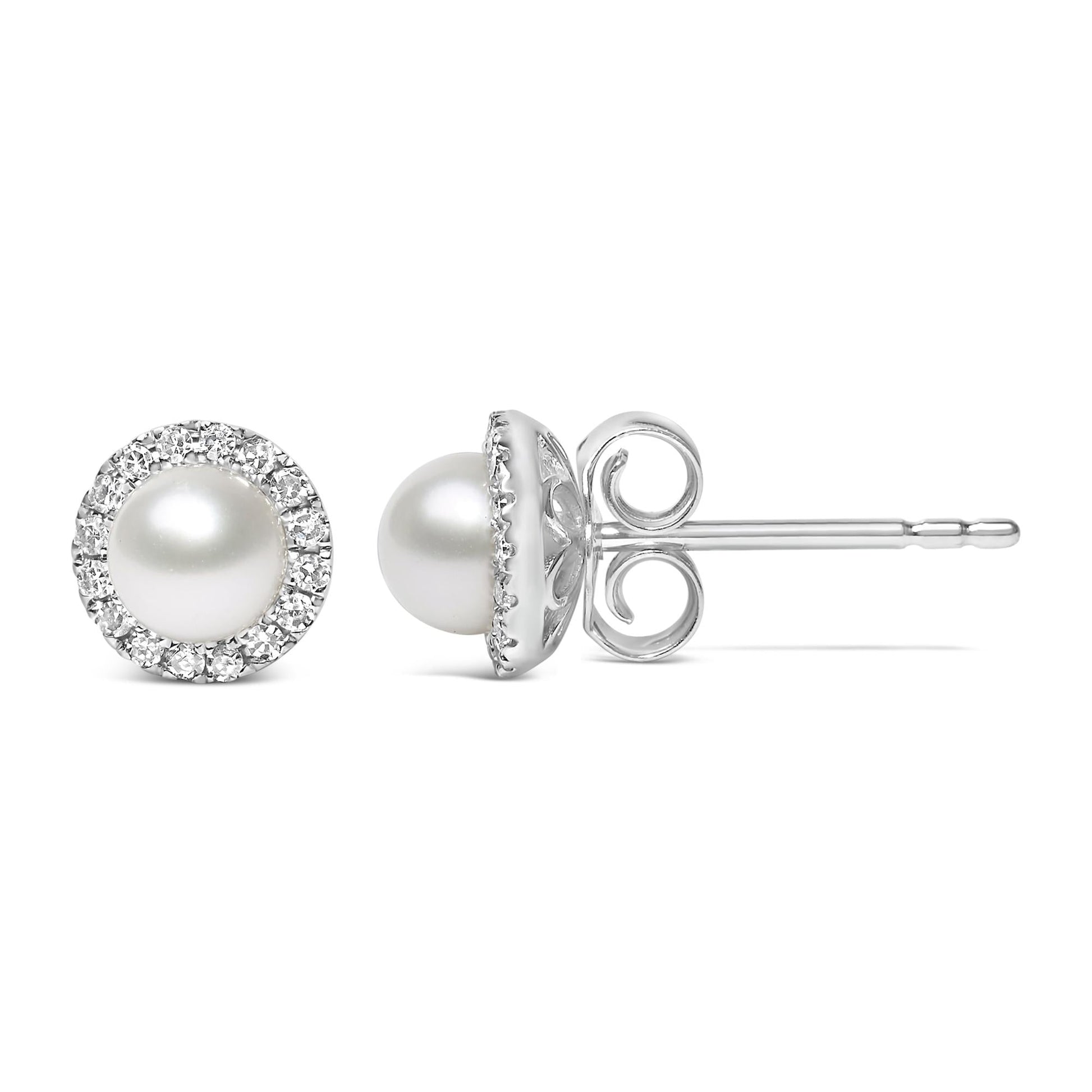 10K White Gold 4.5mm Cultured Freshwater Pearl and 1/7 Cttw Diamond Halo Stud Earring (I-J Color, I1-I2 Clarity)-3