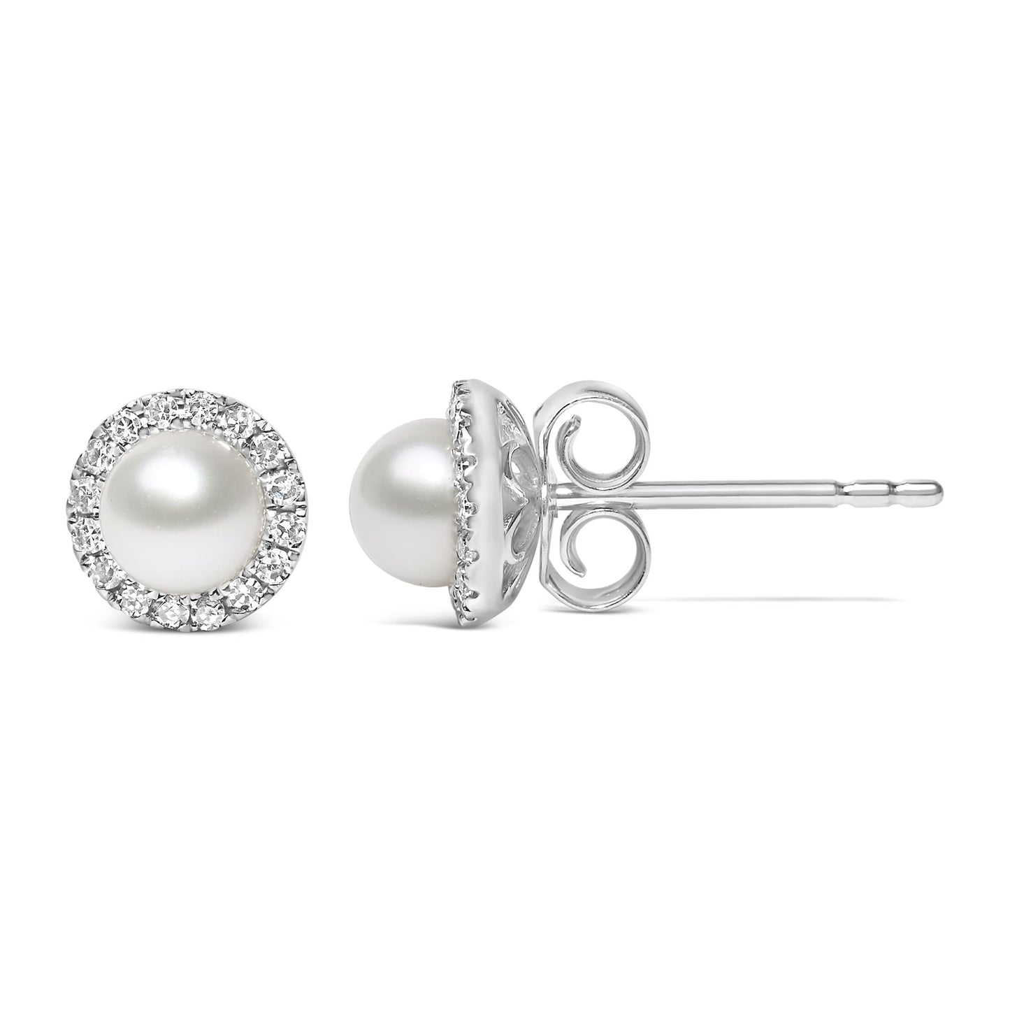 10K White Gold 4.5mm Cultured Freshwater Pearl and 1/7 Cttw Diamond Halo Stud Earring (I-J Color, I1-I2 Clarity)-3