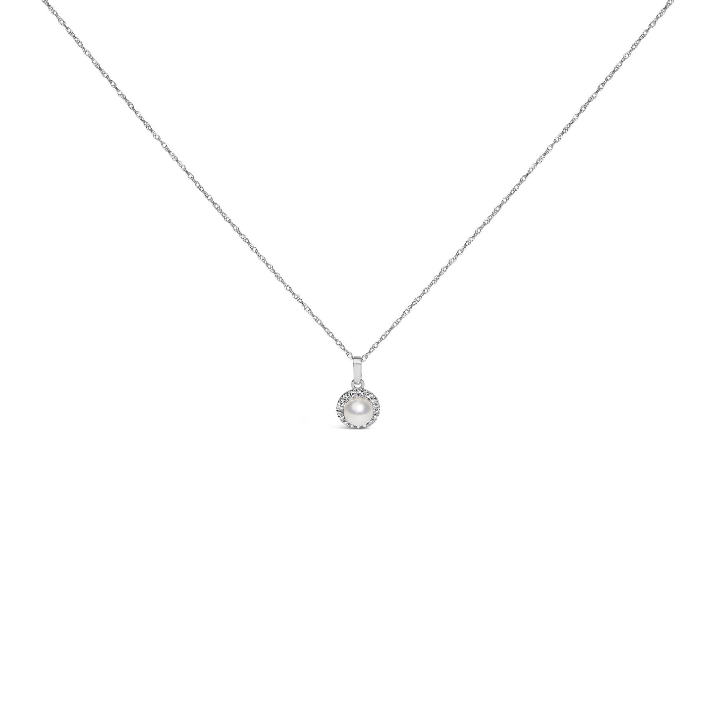 10K White Gold 5MM Cultured Pearl and Diamond Accent Halo Pendant Necklace-0