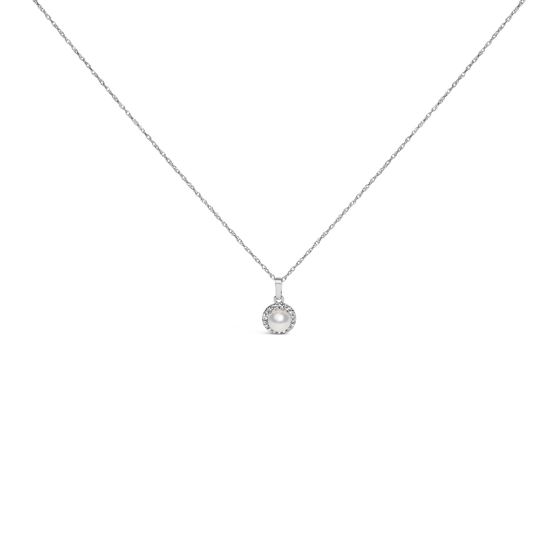 10K White Gold 5MM Cultured Pearl and Diamond Accent Halo Pendant Necklace-0