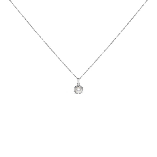 10K White Gold 5MM Cultured Pearl and Diamond Accent Halo Pendant Necklace-0