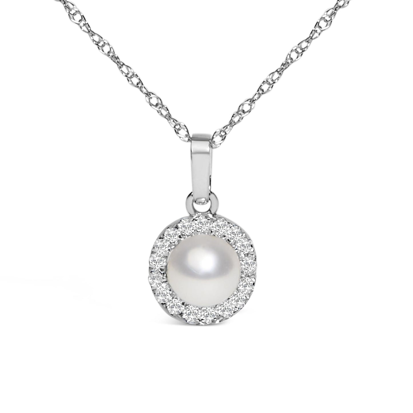 10K White Gold 5MM Cultured Pearl and Diamond Accent Halo Pendant Necklace-1