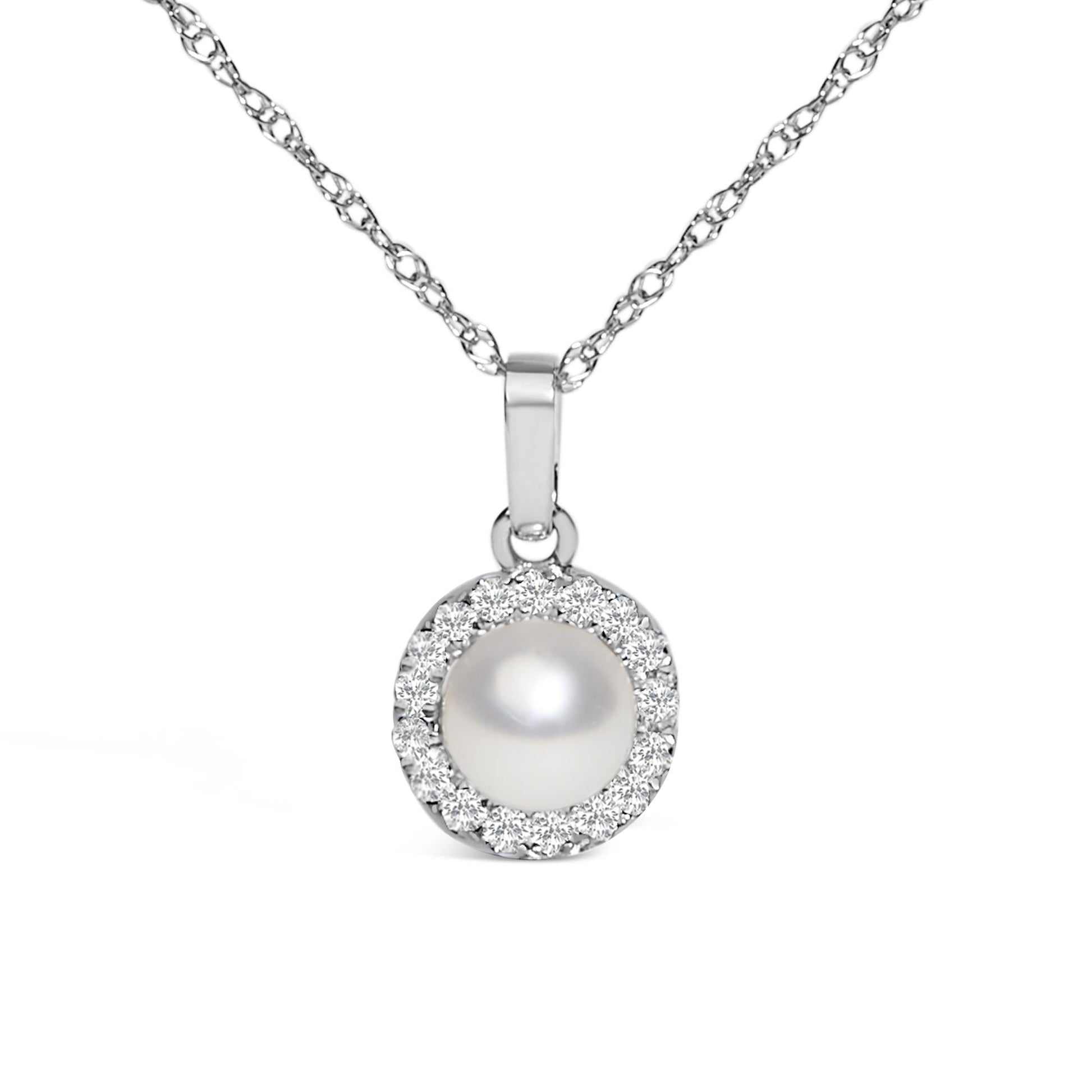 10K White Gold 5MM Cultured Pearl and Diamond Accent Halo Pendant Necklace-1