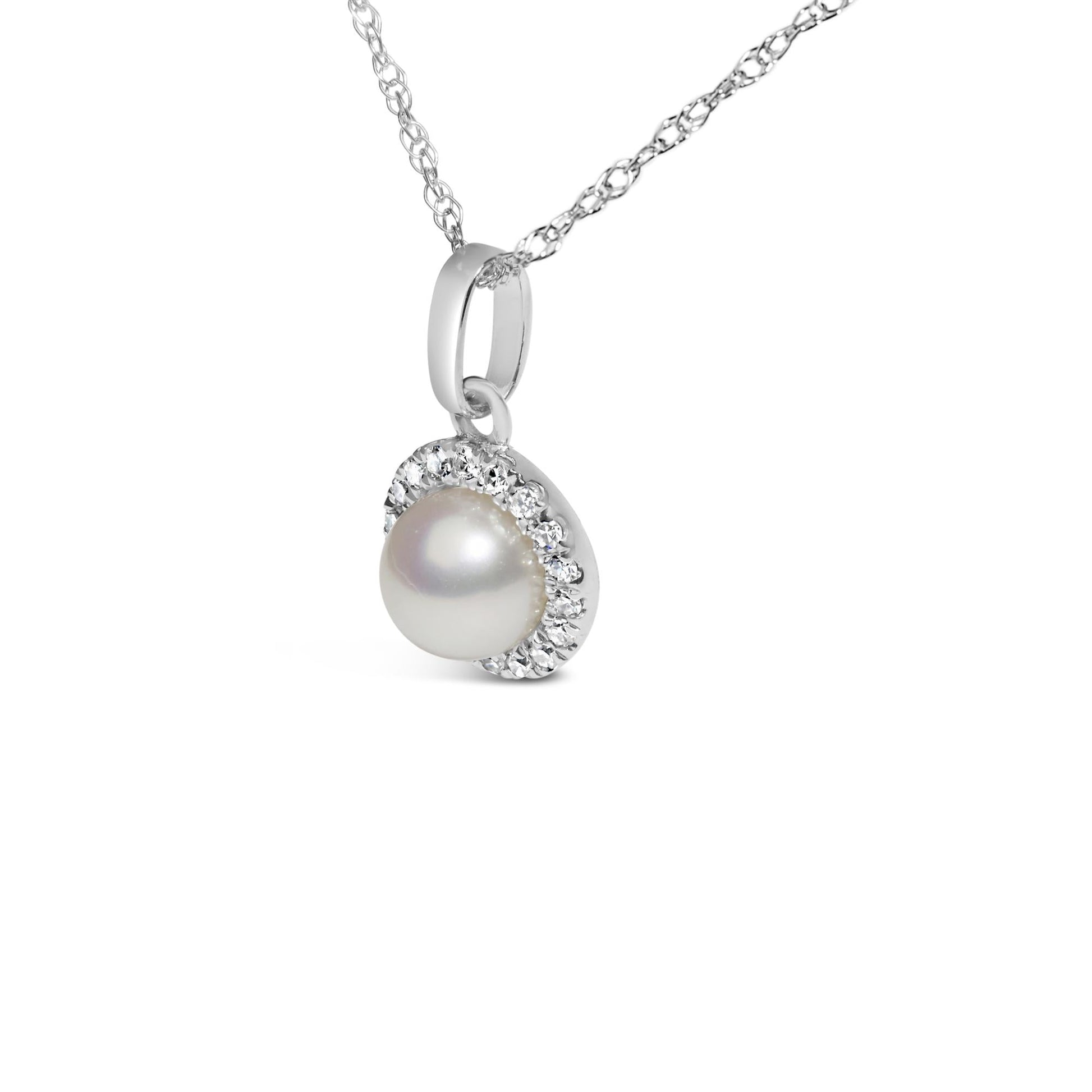 10K White Gold 5MM Cultured Pearl and Diamond Accent Halo Pendant Necklace-3
