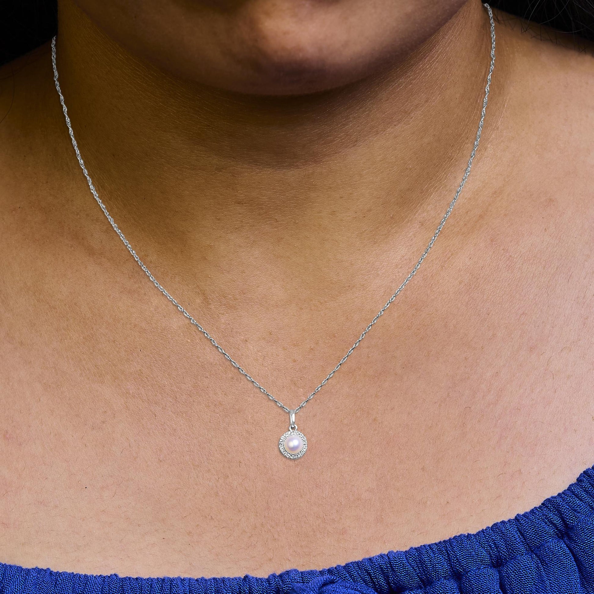 10K White Gold 5MM Cultured Pearl and Diamond Accent Halo Pendant Necklace-2