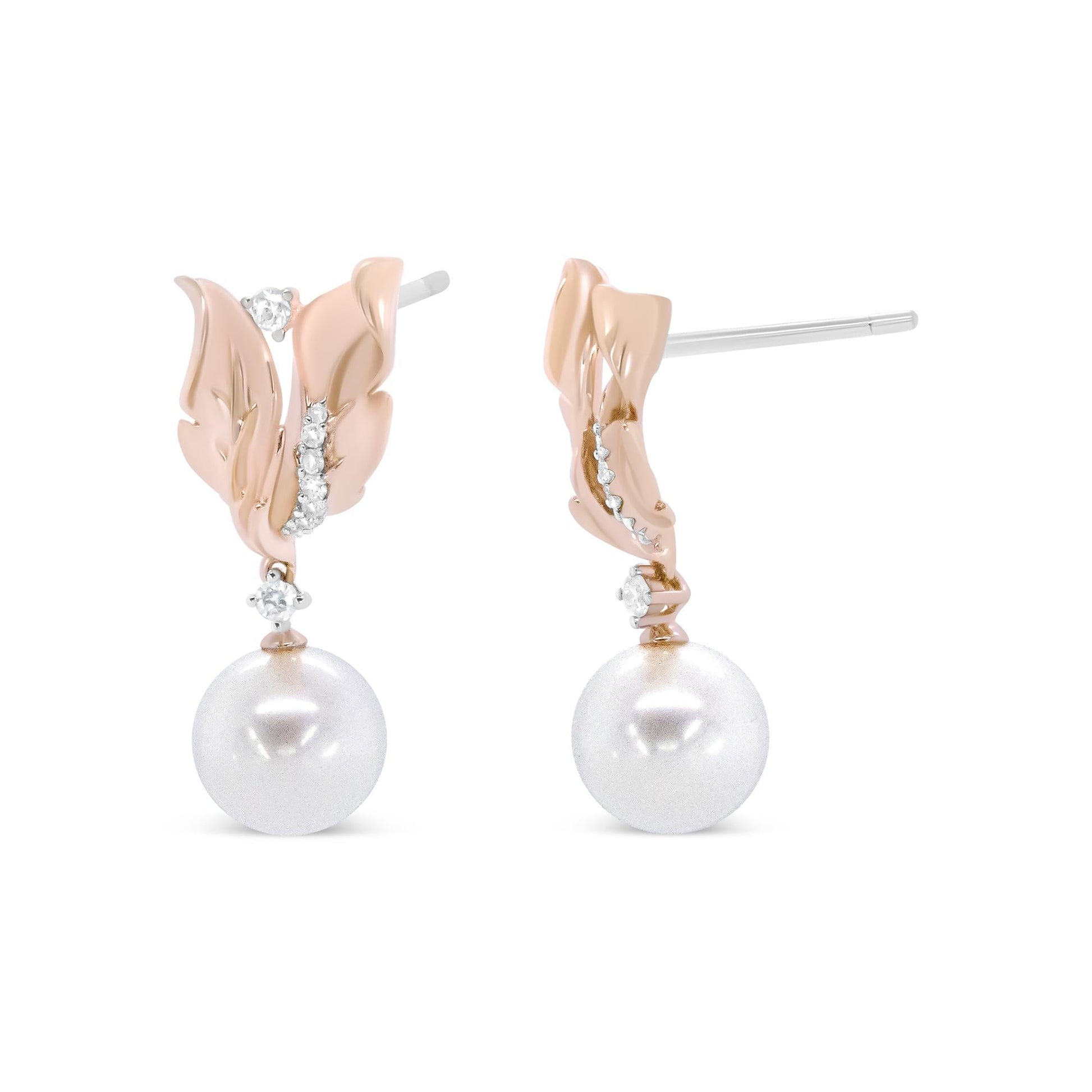 14K Rose Gold 1/6 Cttw Round Diamond and 8mm Round Pearl Floral Drop Stud Earrings (H-I Color, I1-I2 Clarity)-3