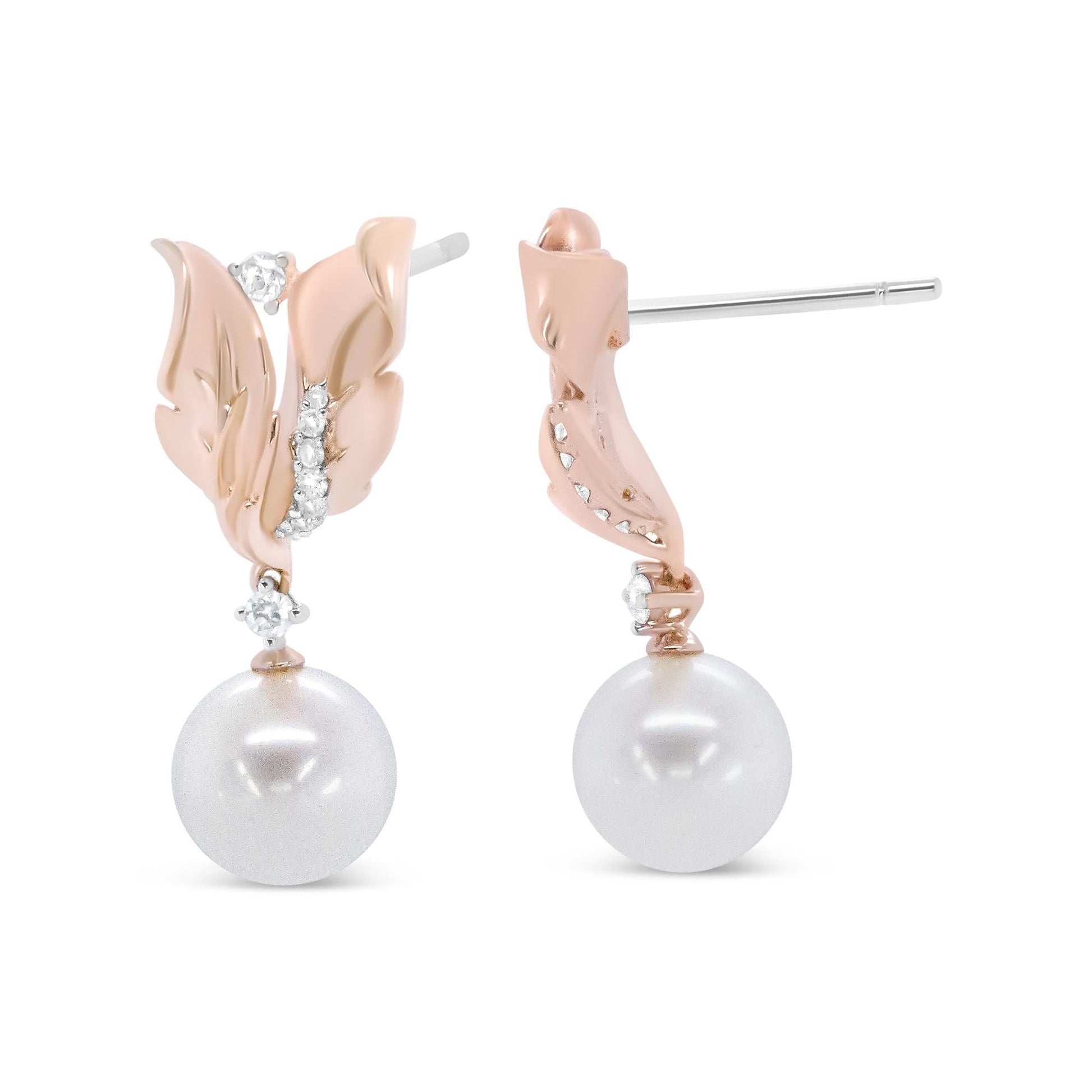 14K Rose Gold 1/6 Cttw Round Diamond and 8mm Round Pearl Floral Drop Stud Earrings (H-I Color, I1-I2 Clarity)-4