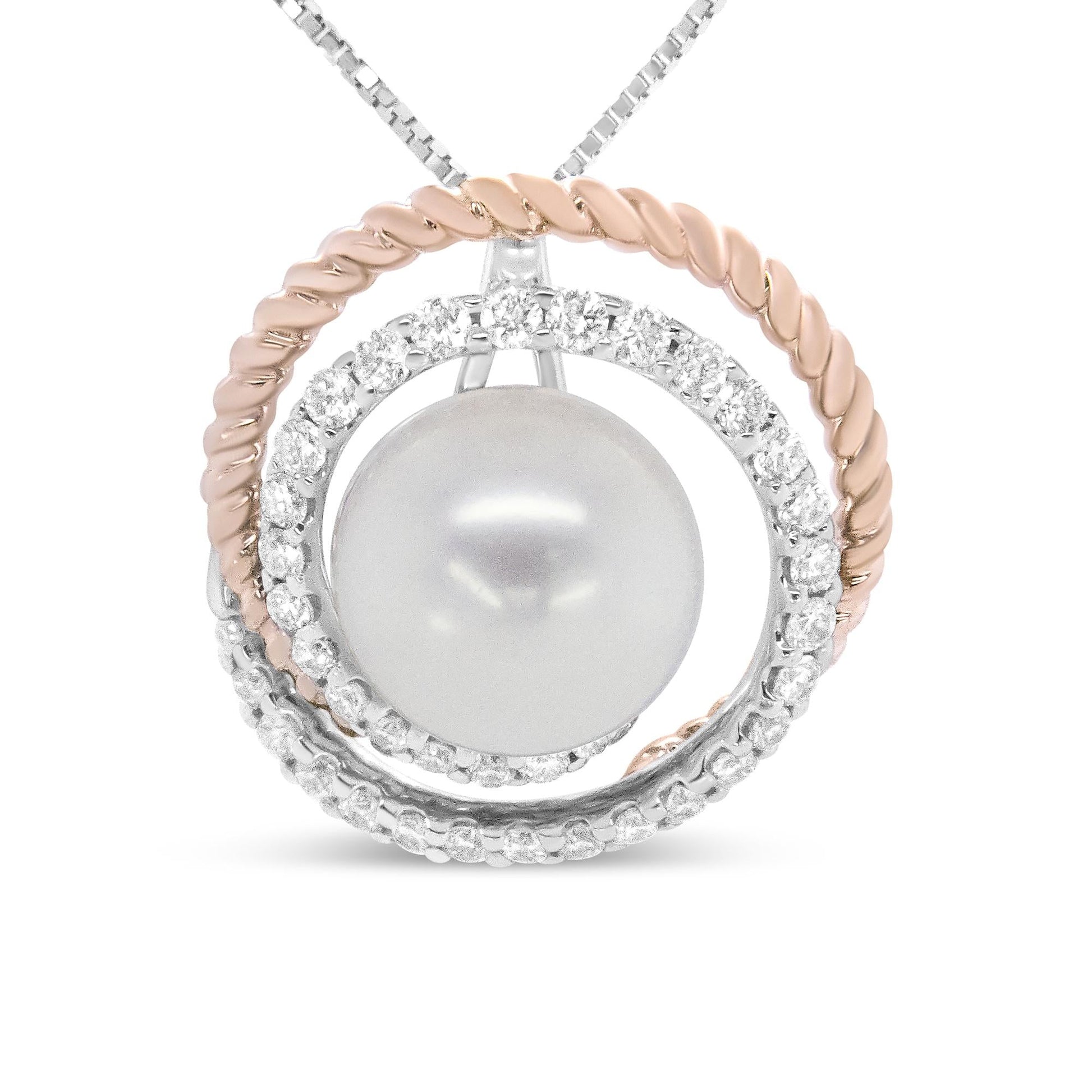 14K Rose and White Gold 3/8 Cttw Pave Diamond and 9mm Round Pearl Spiral Openwork 18" Pendant Necklace- (H-I Color, VS1-VS2 Clarity)-0