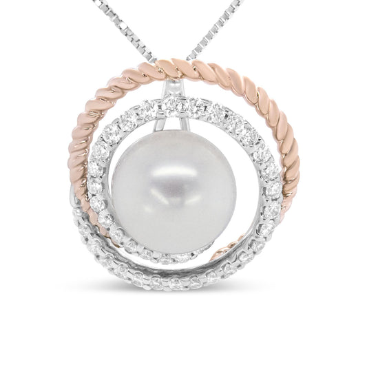 14K Rose and White Gold 3/8 Cttw Pave Diamond and 9mm Round Pearl Spiral Openwork 18" Pendant Necklace- (H-I Color, VS1-VS2 Clarity)-0