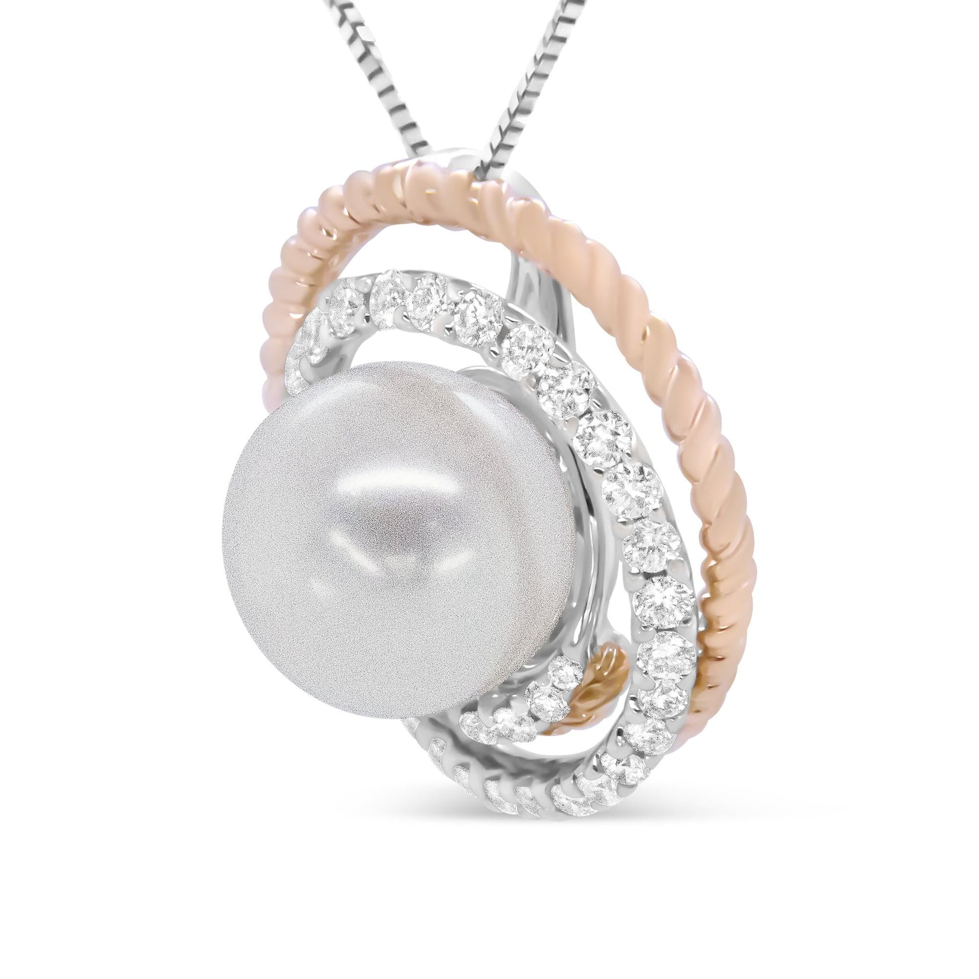 14K Rose and White Gold 3/8 Cttw Pave Diamond and 9mm Round Pearl Spiral Openwork 18" Pendant Necklace- (H-I Color, VS1-VS2 Clarity)-3