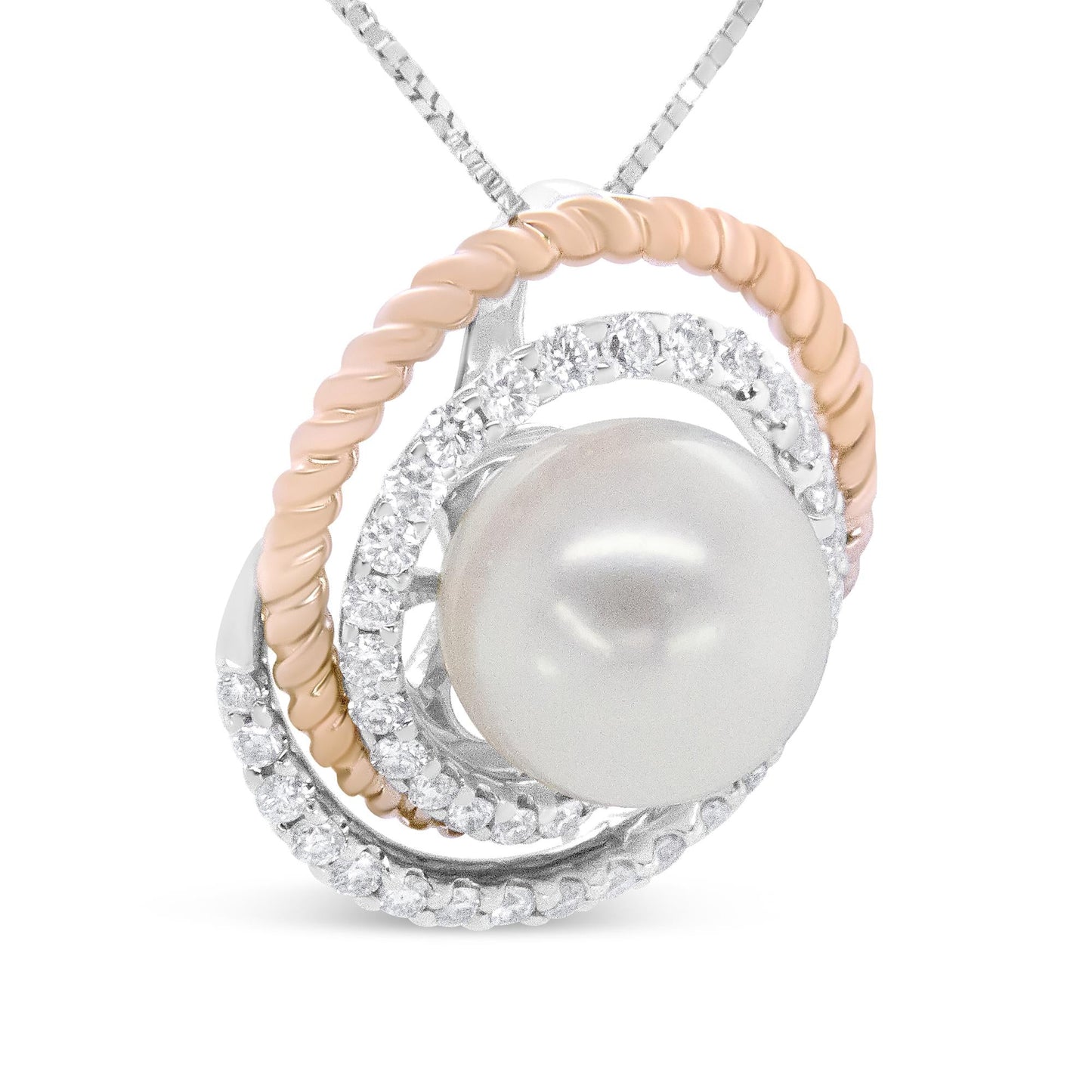 14K Rose and White Gold 3/8 Cttw Pave Diamond and 9mm Round Pearl Spiral Openwork 18" Pendant Necklace- (H-I Color, VS1-VS2 Clarity)-4