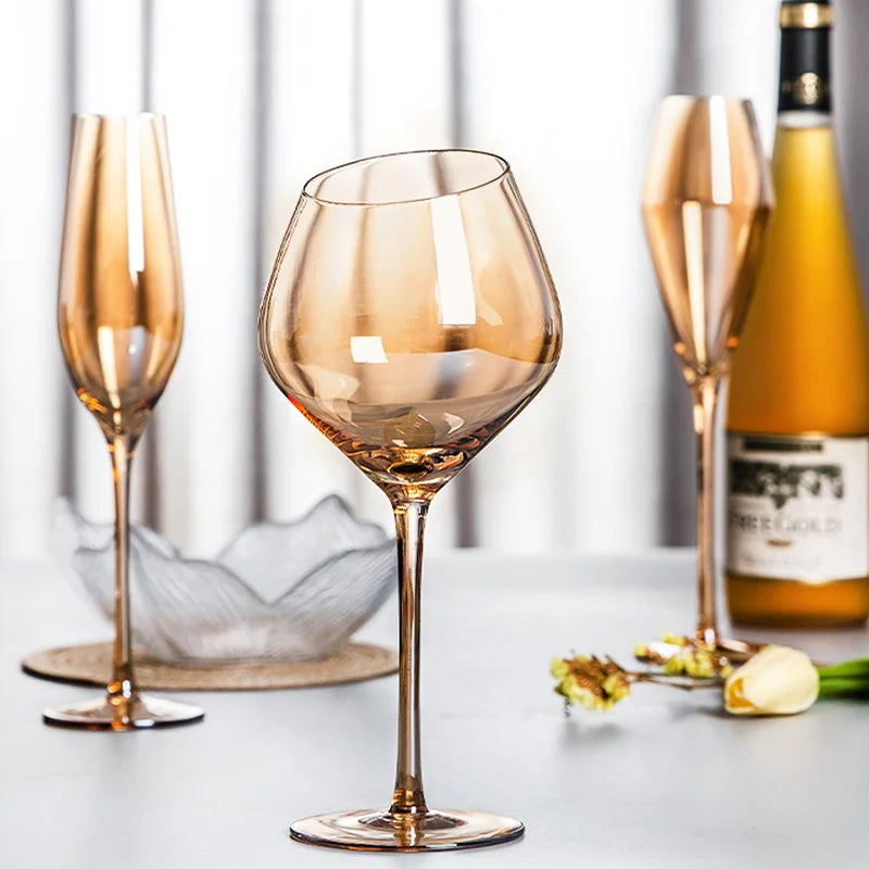 1pcs Nordic Golden Unleaded Crystal Wine Glass Luxury Amber Handmade Champagne Glasses Cocktail Goblet Set Bar Family Drinkware