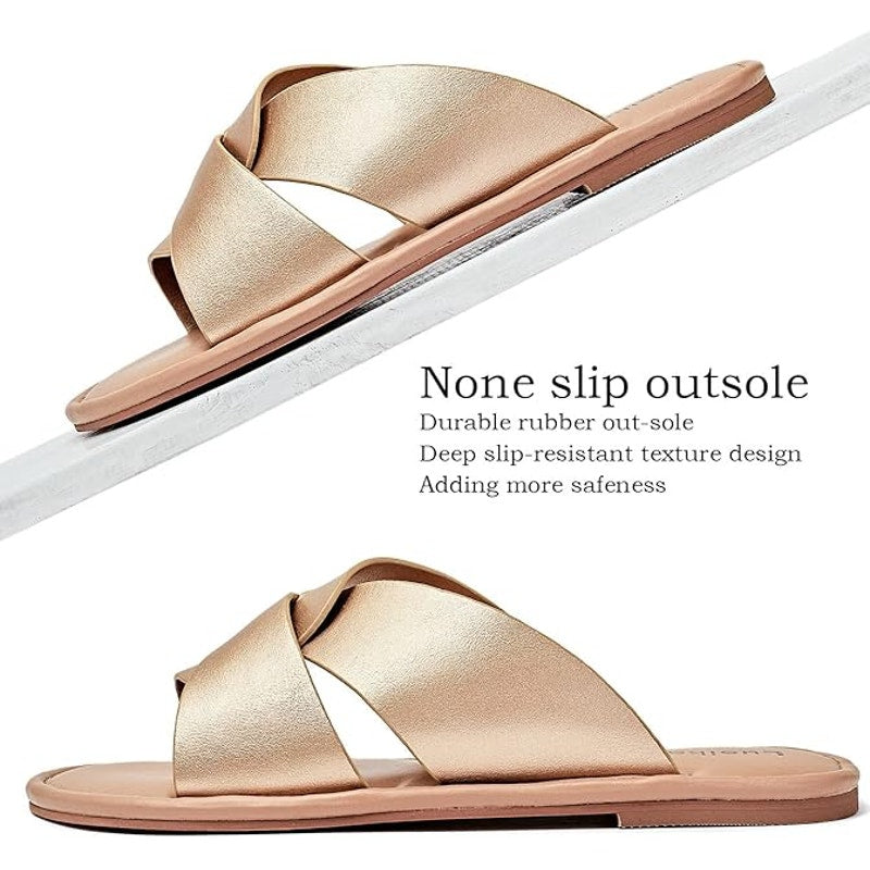 Luoika Womens Size 9W Wide Gold Criss Cross Flat Slide On Sandal Strappy Shoes