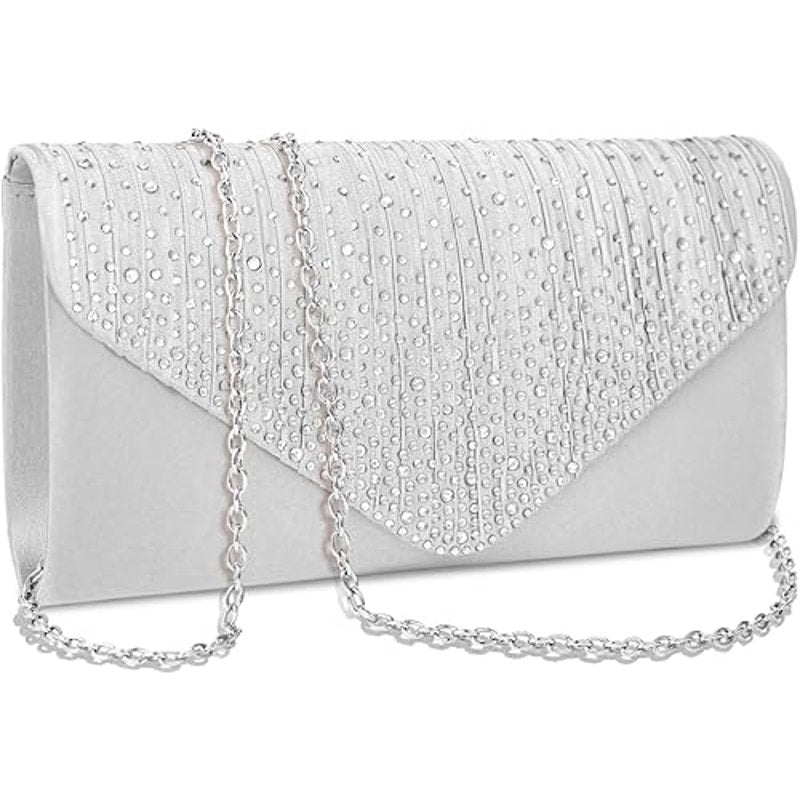 Gray Silver Rhinestone Satin Envelope Evening Optional Chain Clutch Purse