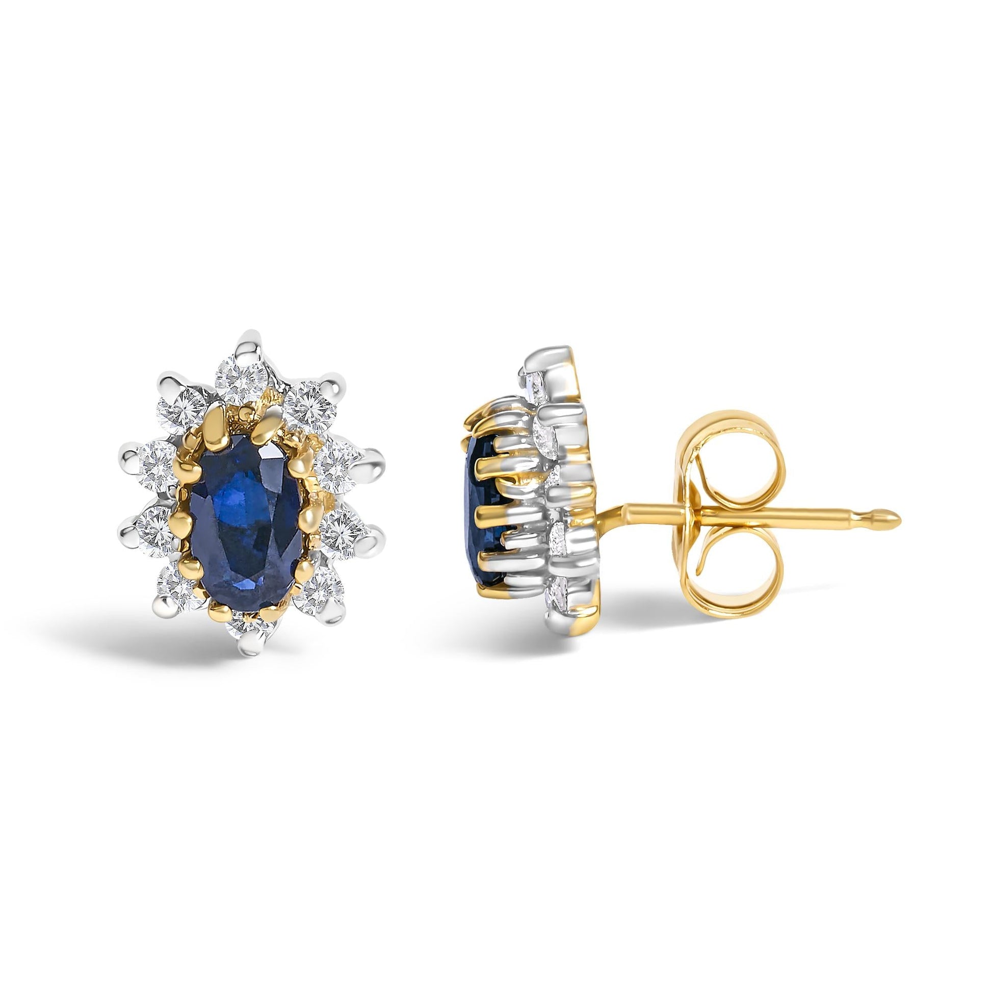 14K Yellow Gold 1/4 Cttw Diamond and Blue Sapphire Sunburst Halo Stud Earrings (K-L Color, I1-I2 Clarity)-3