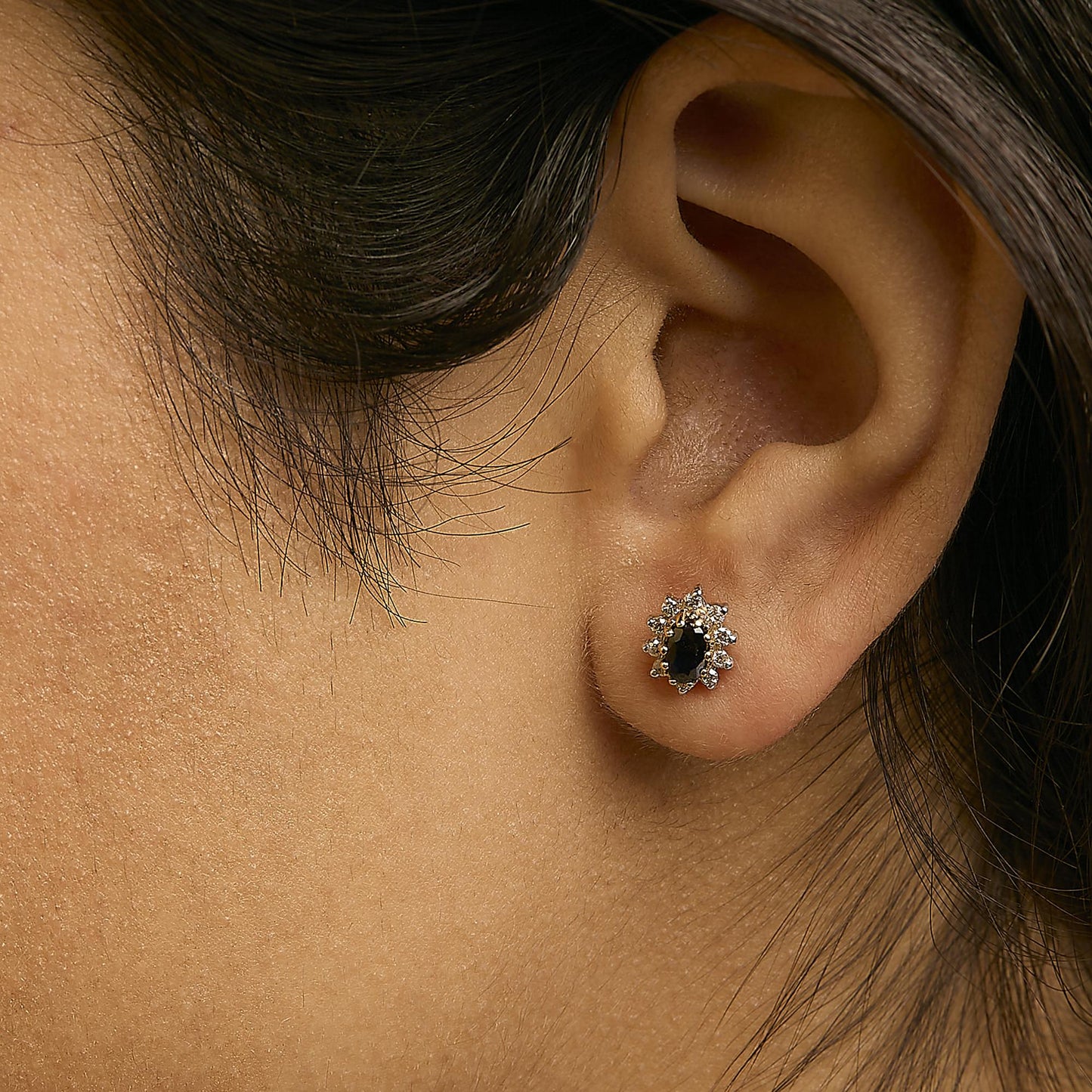 14K Yellow Gold 1/4 Cttw Diamond and Blue Sapphire Sunburst Halo Stud Earrings (K-L Color, I1-I2 Clarity)-2