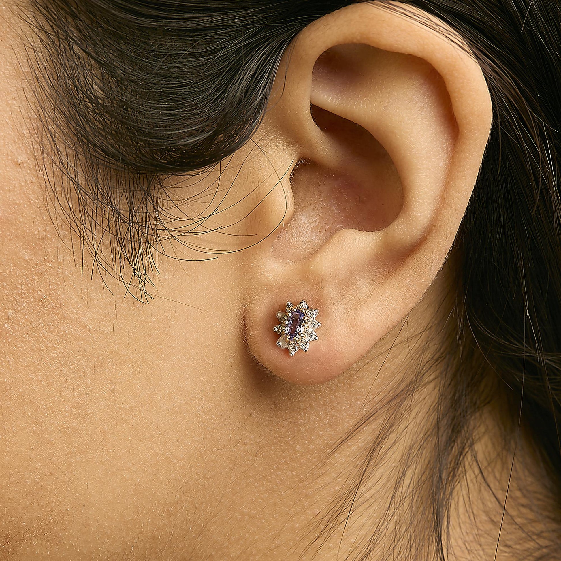 14K Yellow Gold 1/4 Cttw Diamond and Blue Purple Tanzanite Sunburst Halo Stud Earrings (K-L Color, I1-I2 Clarity)-2