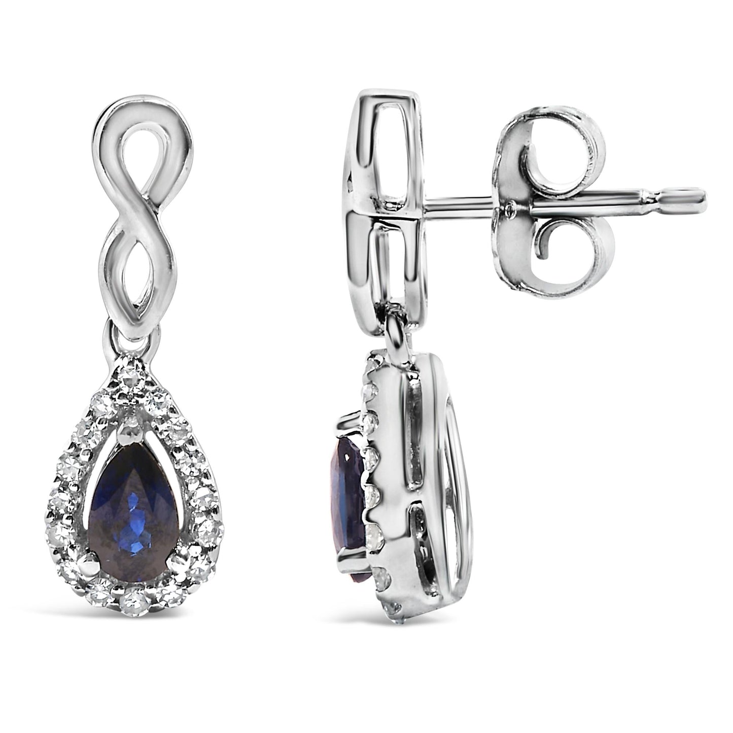 10K White Gold Pear Cut Blue Sapphire and 1/7 Cttw Diamond Infinity Drop and Dangle Earrings (I-J Color, I1-I2 Clarity)-3