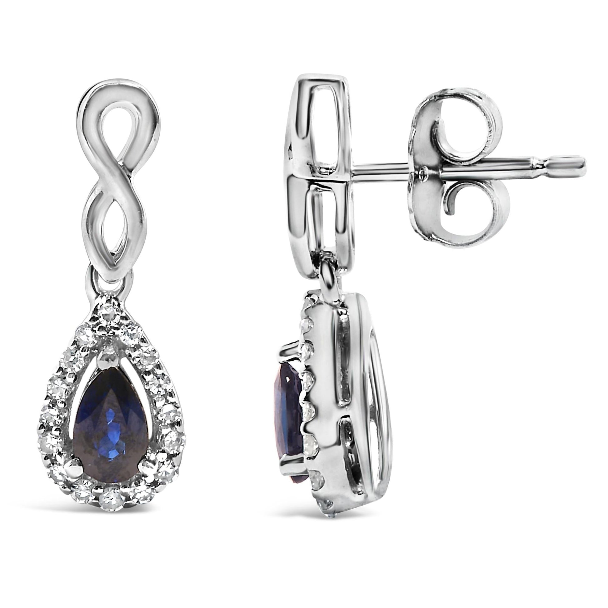 10K White Gold Pear Cut Blue Sapphire and 1/7 Cttw Diamond Infinity Drop and Dangle Earrings (I-J Color, I1-I2 Clarity)-3