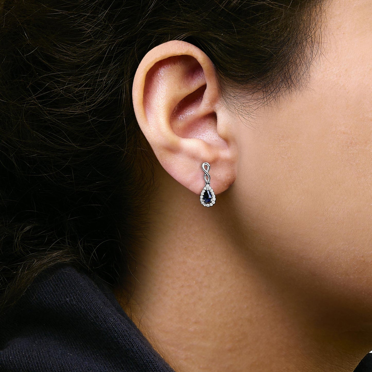 10K White Gold Pear Cut Blue Sapphire and 1/7 Cttw Diamond Infinity Drop and Dangle Earrings (I-J Color, I1-I2 Clarity)-2