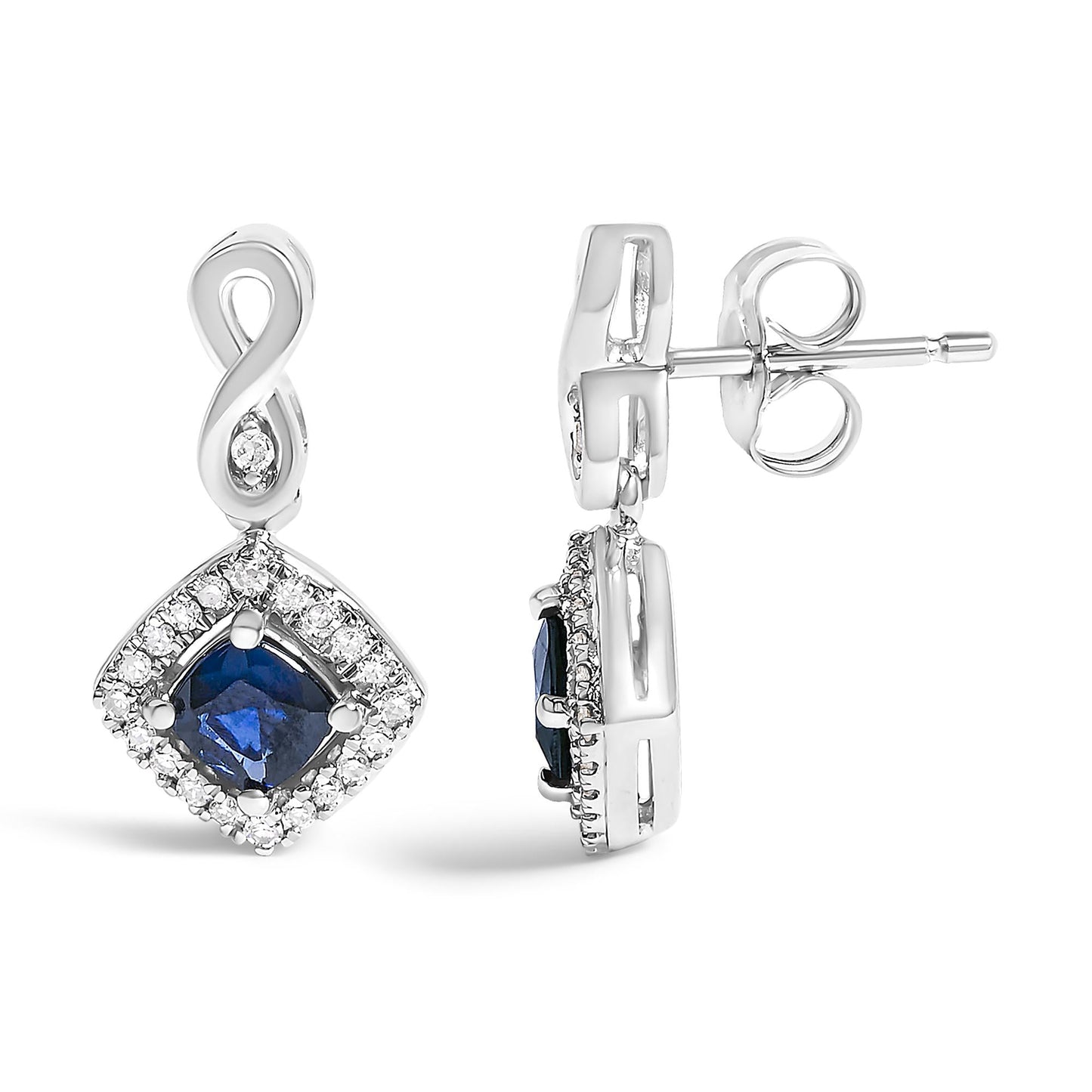 10K White Gold Blue  Sapphire and Diamond Halo Cushion Shaped Drop Earrings (I-J Color, I1-I2 Clarity)-3