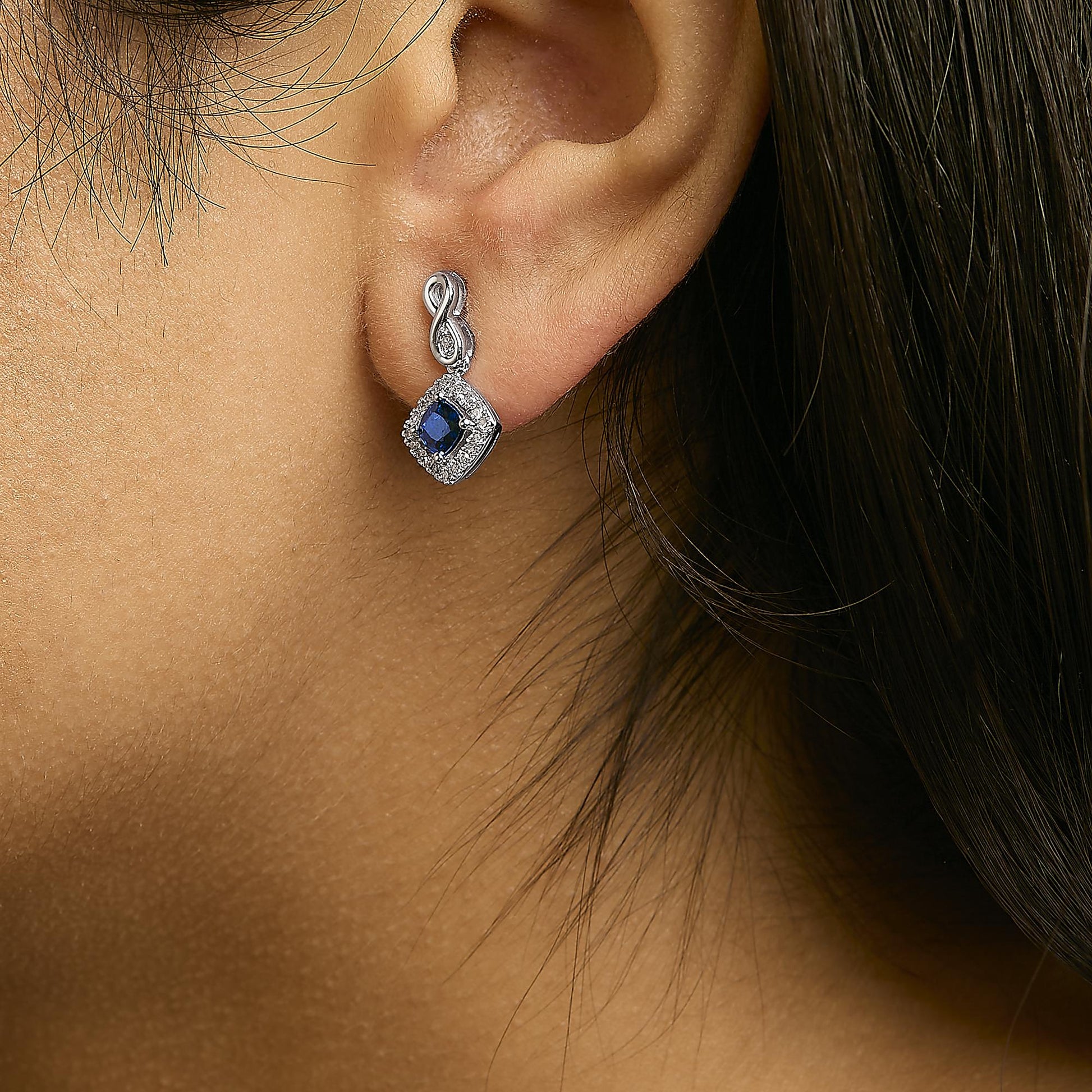 10K White Gold Blue  Sapphire and Diamond Halo Cushion Shaped Drop Earrings (I-J Color, I1-I2 Clarity)-2