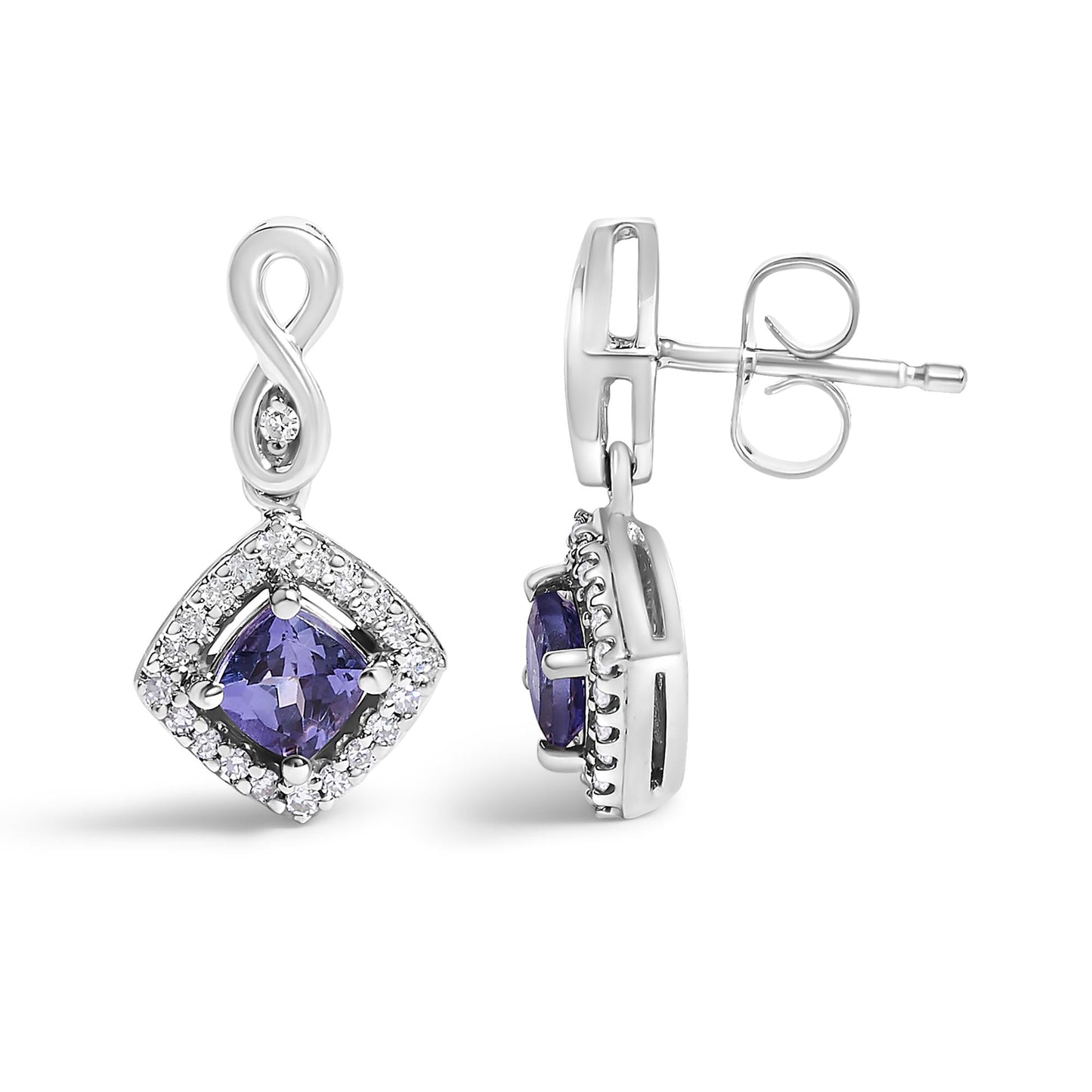 10K White Gold Blue Purple Tanzanite and Diamond Halo Cushion Shaped Drop Earrings (I-J Color, I1-I2 Clarity)-3