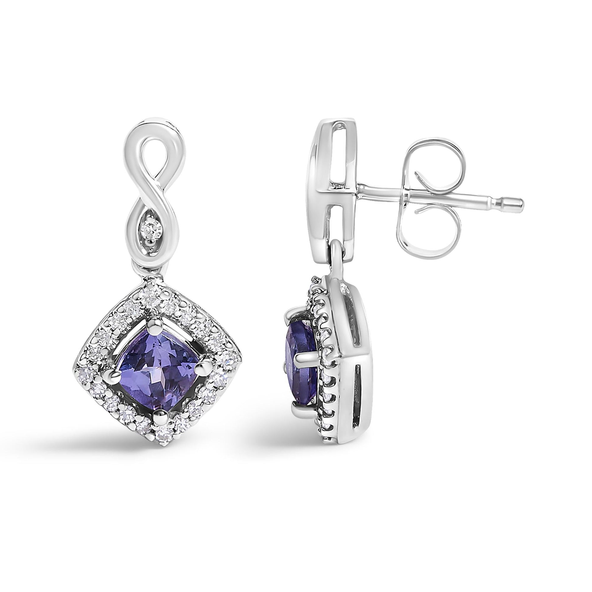 10K White Gold Blue Purple Tanzanite and Diamond Halo Cushion Shaped Drop Earrings (I-J Color, I1-I2 Clarity)-3