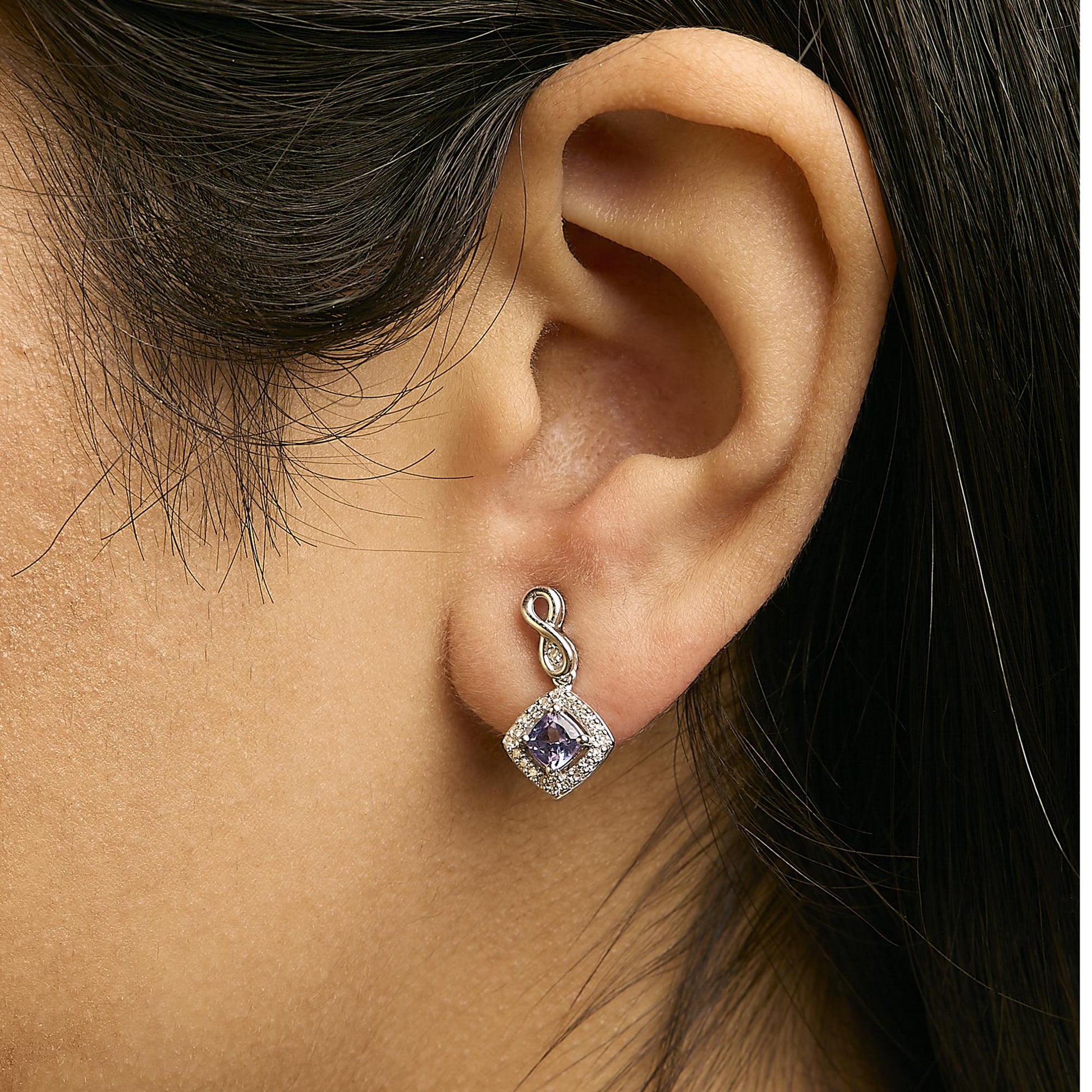 10K White Gold Blue Purple Tanzanite and Diamond Halo Cushion Shaped Drop Earrings (I-J Color, I1-I2 Clarity)-2