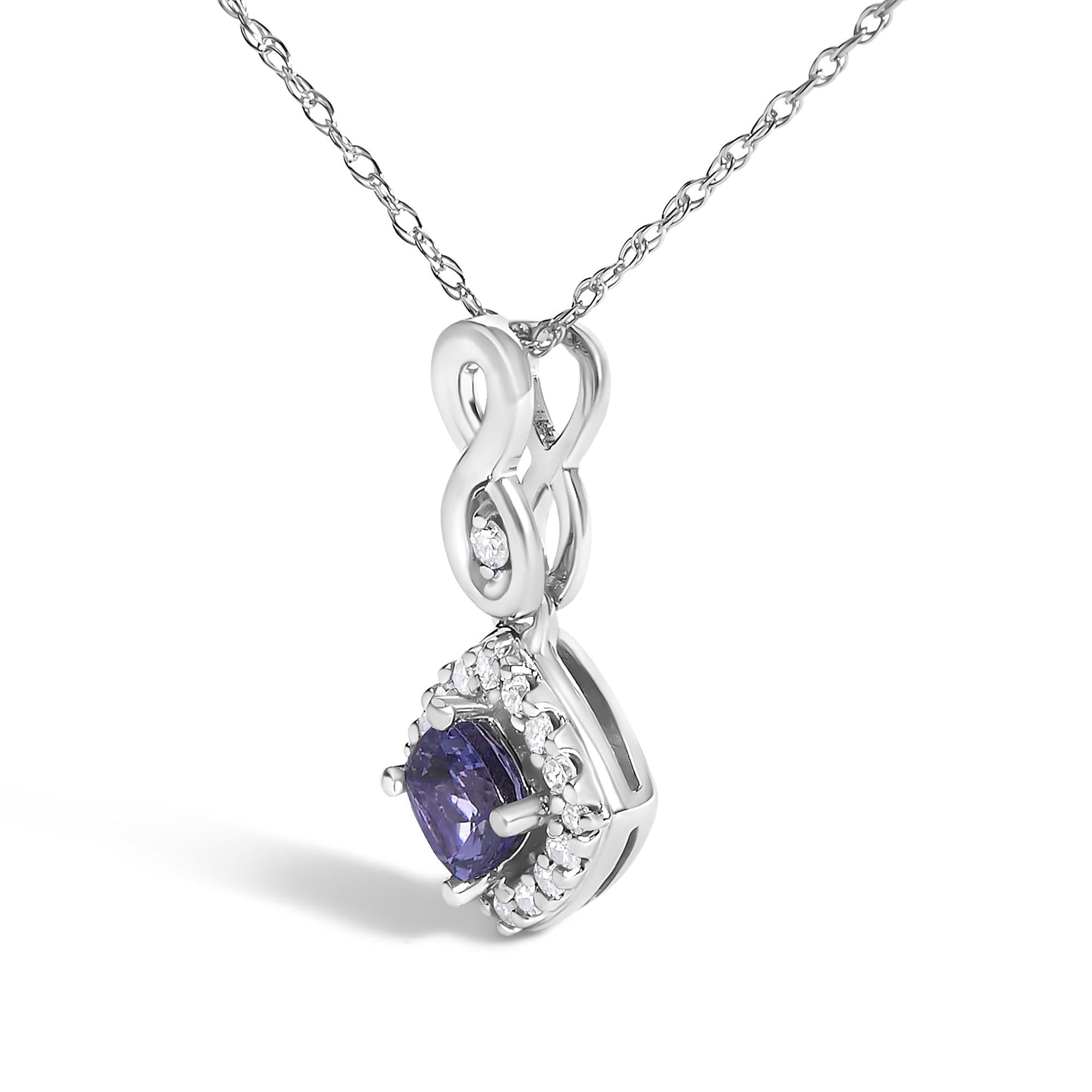 10K White Gold Blue Purple Tanzanite and Diamond Accent Cushion Drop Pendant Necklace - 18" Inches-3