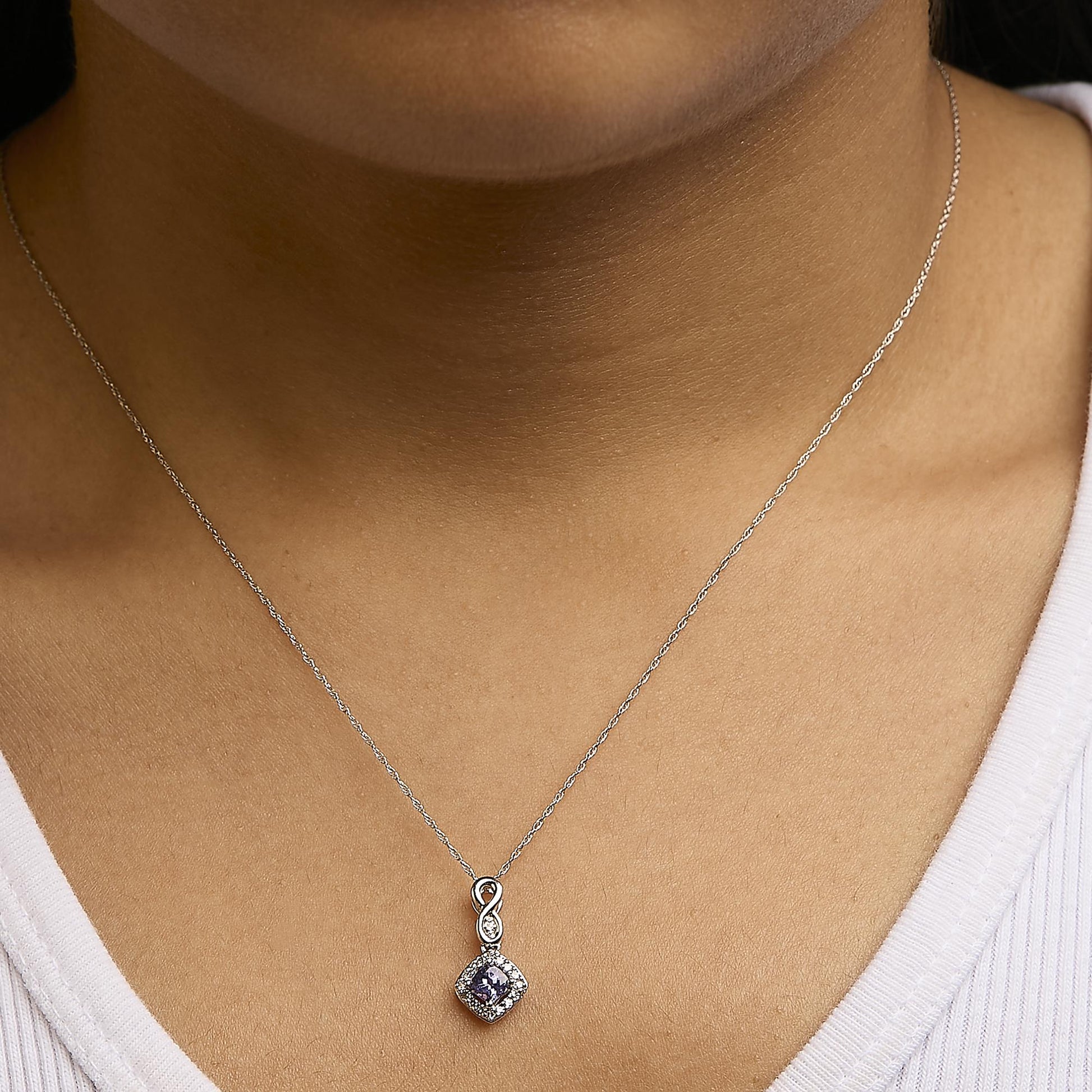 10K White Gold Blue Purple Tanzanite and Diamond Accent Cushion Drop Pendant Necklace - 18" Inches-2