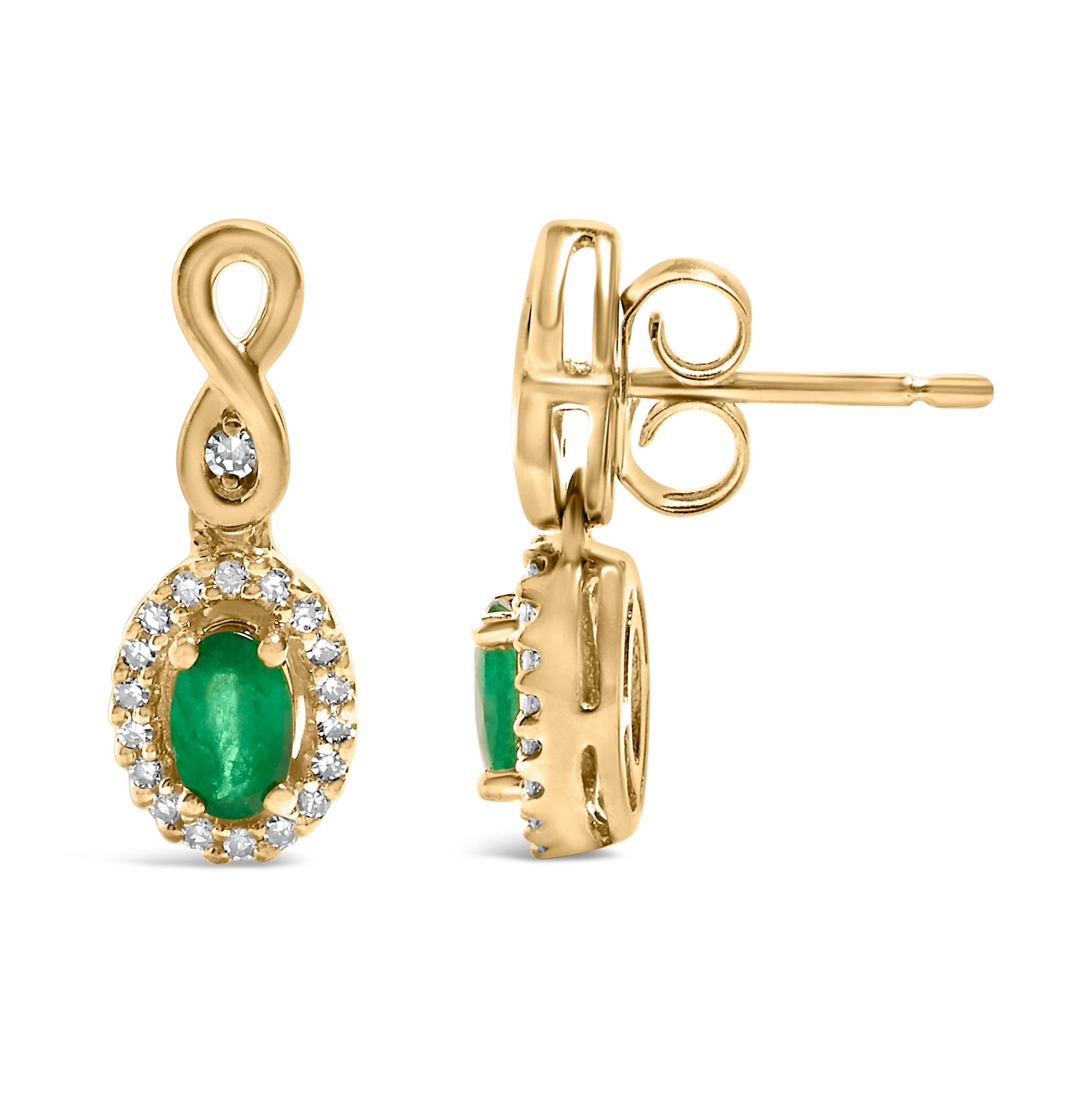 10K Yellow Gold Oval Cut Green Emerald 5x3 mm and 1/7 Cttw Round Diamond Dangle Earrings-3