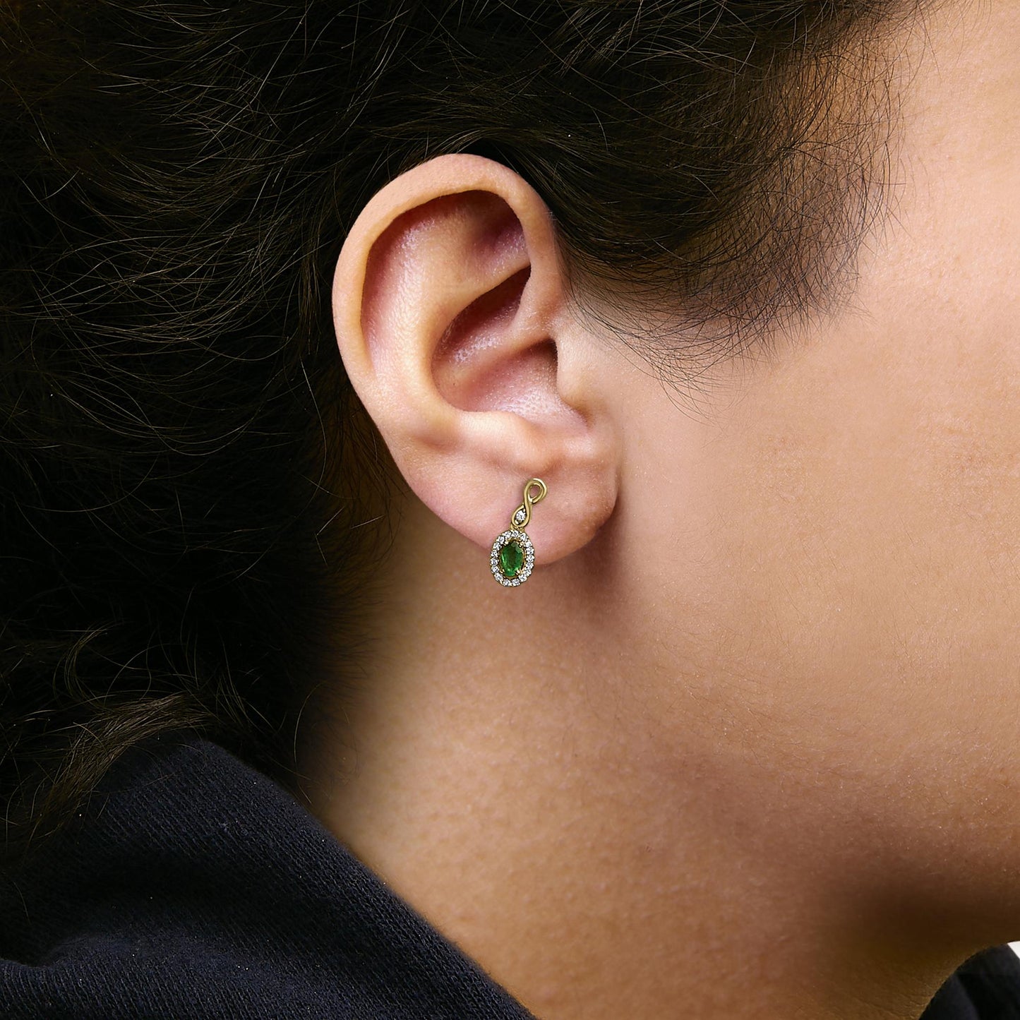 10K Yellow Gold Oval Cut Green Emerald 5x3 mm and 1/7 Cttw Round Diamond Dangle Earrings-2
