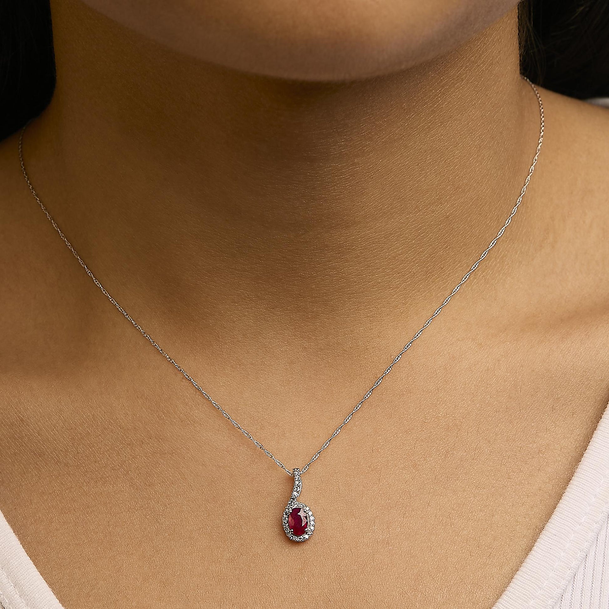 10K White Gold Red Ruby and Diamond Accent Teardrop Pendant Necklace - 18" Inches-2