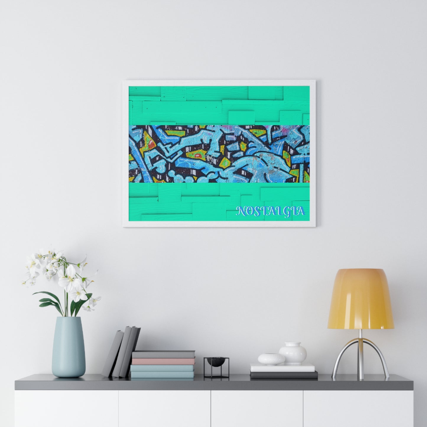 Nostalgia Graffiti Horizontal Framed Poster — Teal Urban Street Art Print
