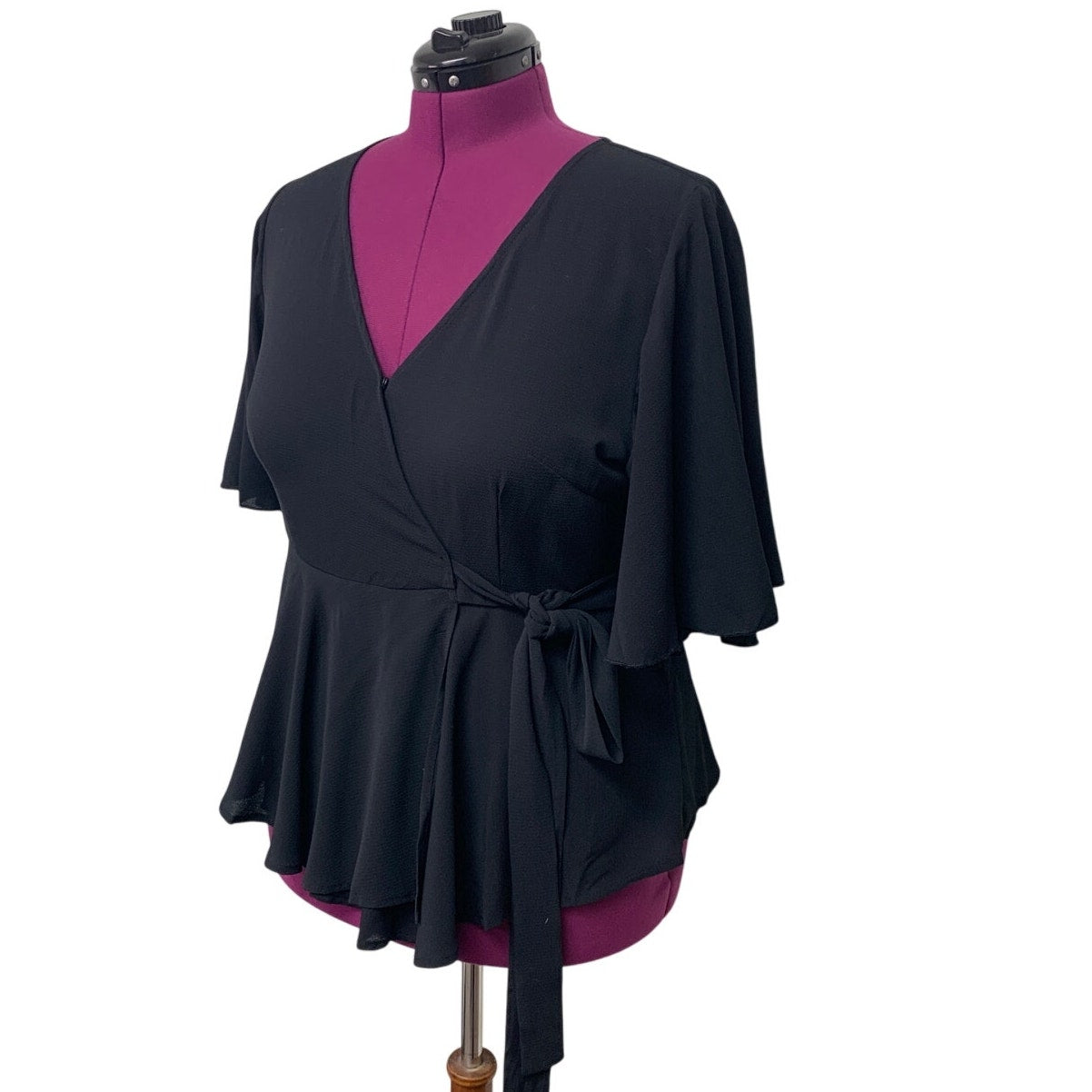 Womens 1X Black 100% Polyester Flowy Half Sleeve Belt Tie V Neck Wrap Top