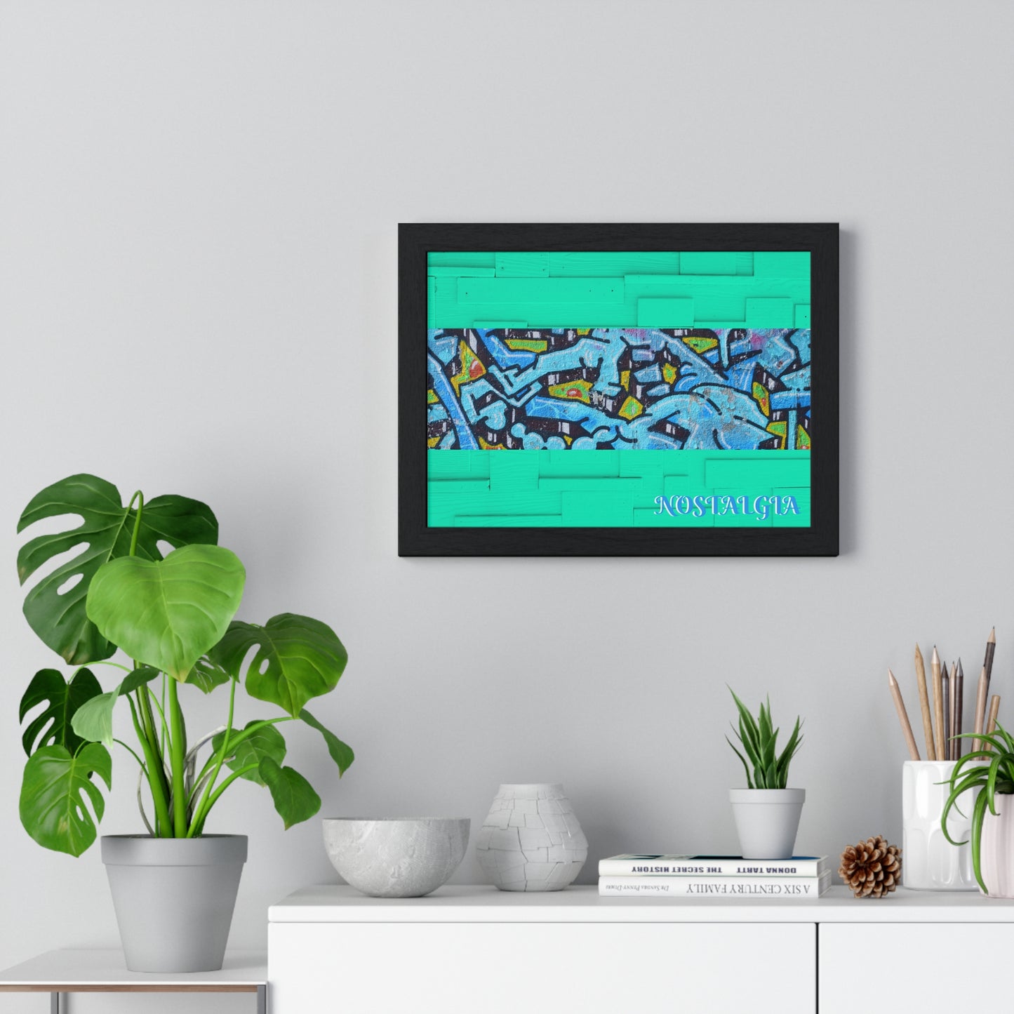 Nostalgia Graffiti Horizontal Framed Poster — Teal Urban Street Art Print