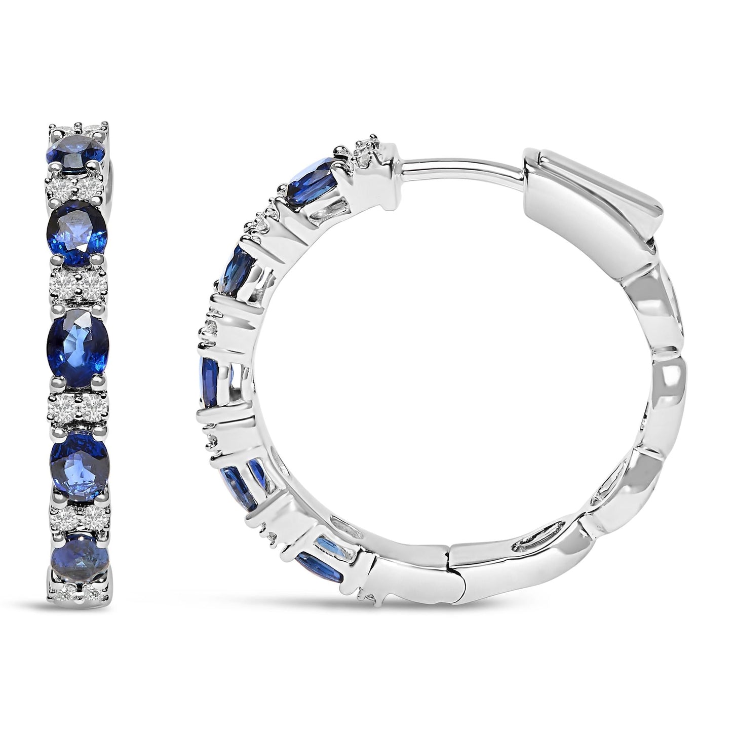 14K White Gold 4x3mm Oval Blue Sapphire and 1/4 Cttw Diamond Alternating Hoop Earring (I-J Color, SI2-I1 Clarity)-3