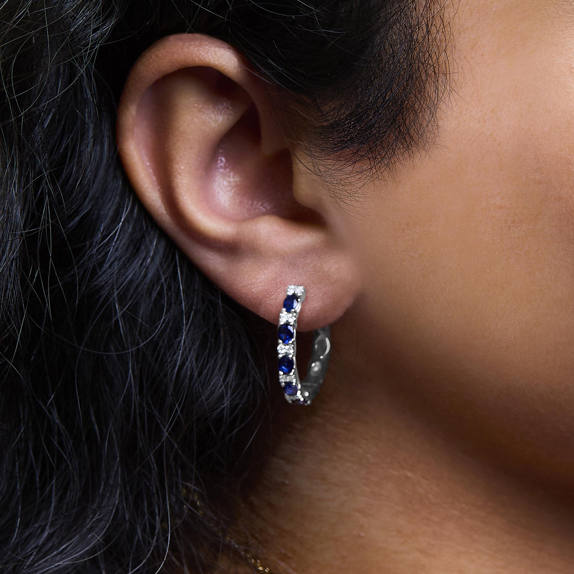 14K White Gold 4x3mm Oval Blue Sapphire and 1/4 Cttw Diamond Alternating Hoop Earring (I-J Color, SI2-I1 Clarity)-2
