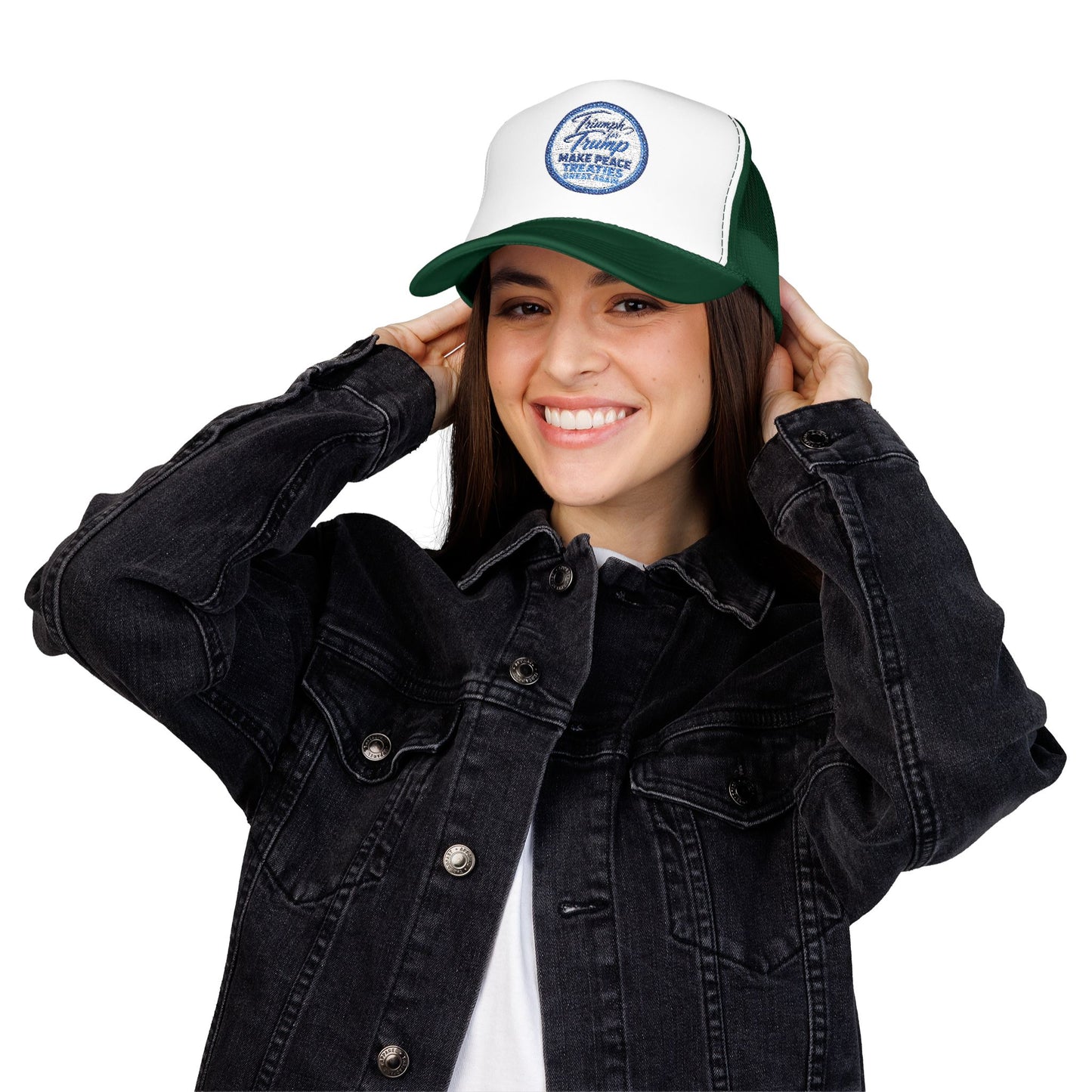 "Triumph for Trump: Make Peace Treaties Great Again" ✨EMBROIDERED Foam Trucker Hat — Vintage Trump Campaign Patch, Only @ LuxeByMimi✨