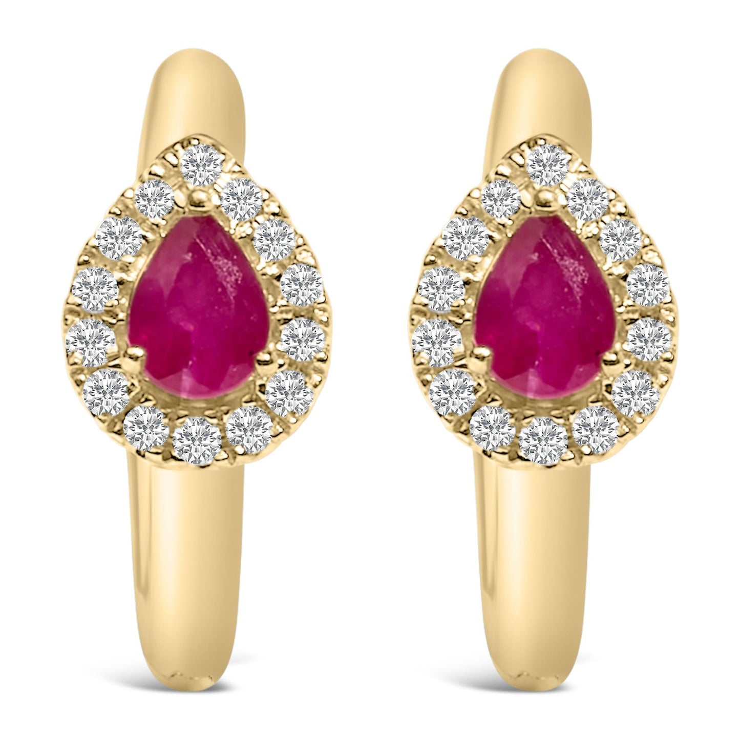 10K Yellow Gold Pear Cut Red Ruby 4x3 mm and 1/10 Cttw Round Diamond Huggy Earrings (I-J Color, I1-I2 Clarity)-0