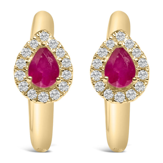 10K Yellow Gold Pear Cut Red Ruby 4x3 mm and 1/10 Cttw Round Diamond Huggy Earrings (I-J Color, I1-I2 Clarity)-0
