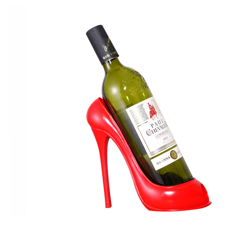 Elegant red high-heeled shoe wine bottle holder made of resin, designed as a modern European-style decorative wine rack for home and bar decor.