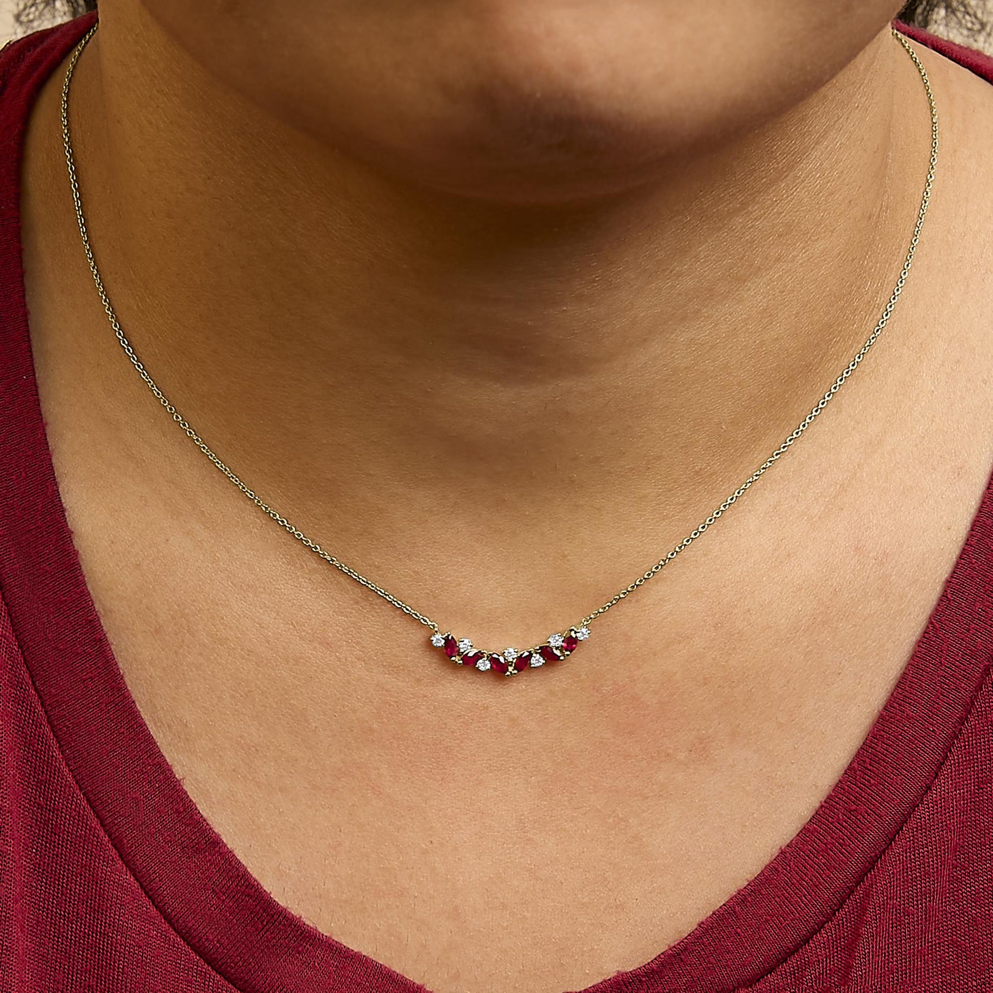 14K Yellow Gold Red Ruby and Diamond Trio Bar Line Necklace (I-J Color, SI2-I1 Clarity) - 18 inch-2