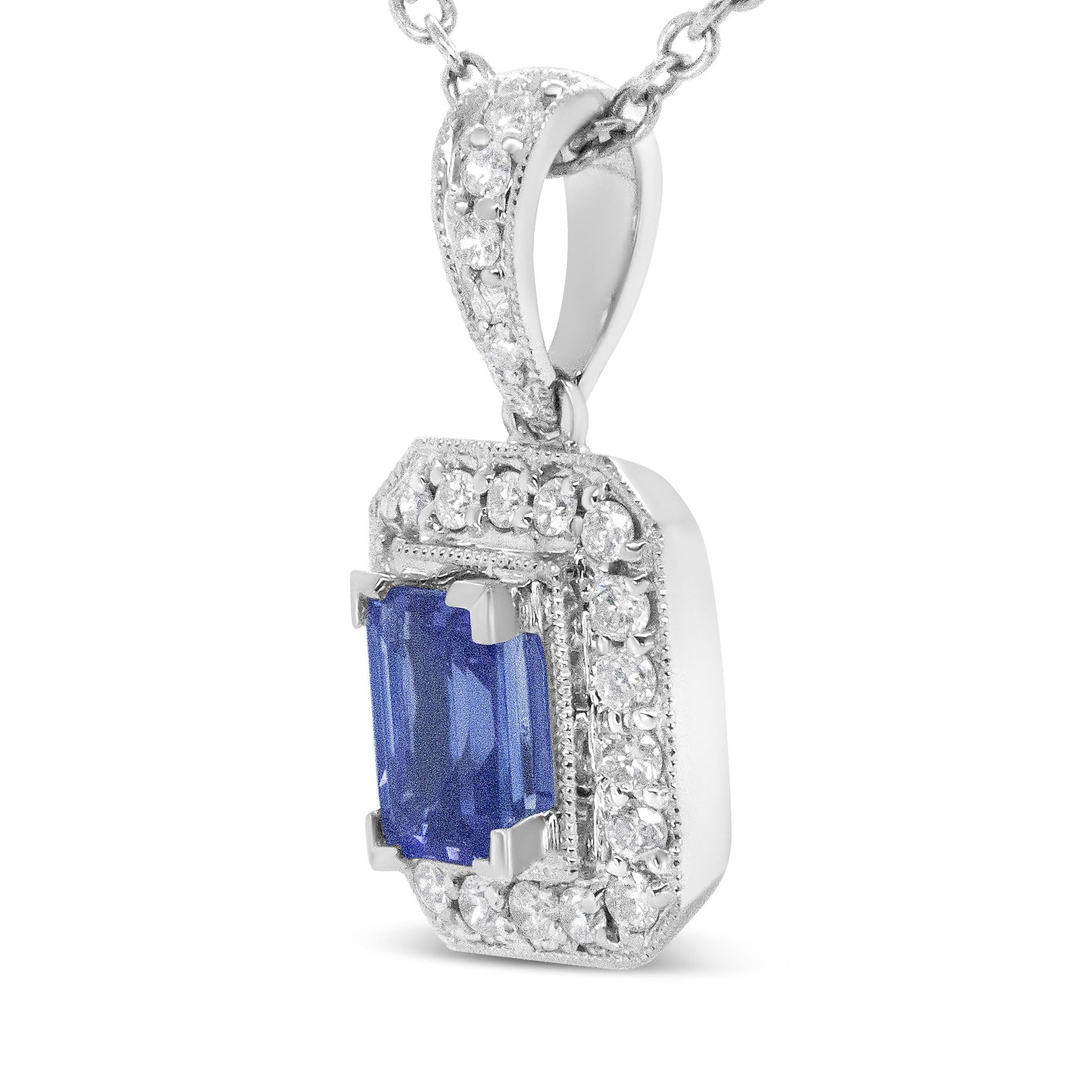 18K White Gold 1/4 Cttw Round Diamond and 6x4mm Purple Tanzanite Halo 18" Pendant Necklace (H-I Color, VS1-VS2 Clarity)-1