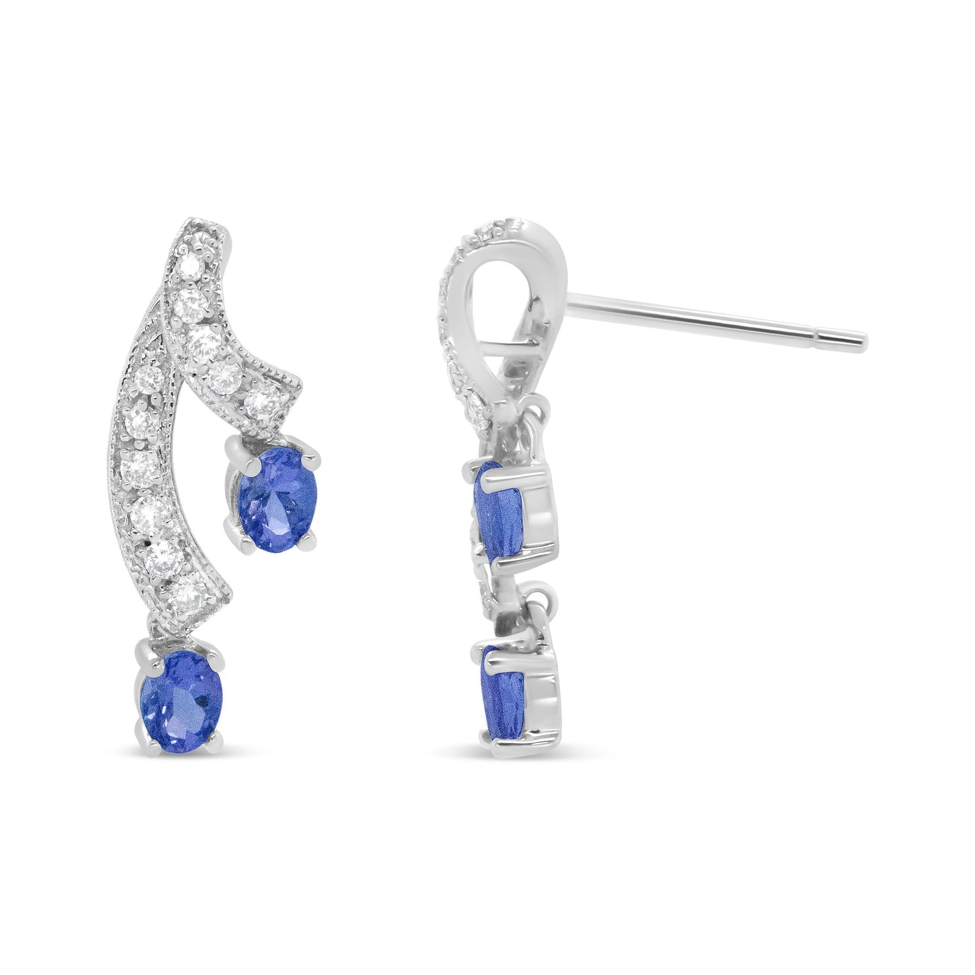 14K White Gold 4x3MM Oval Shaped Natural Blue Tanzanite Gemstone and 1/5 Cttw Diamond Double 3/4" Inch Drop Stud Earrings (H-I Color, VS1-VS2 Clarity)-3
