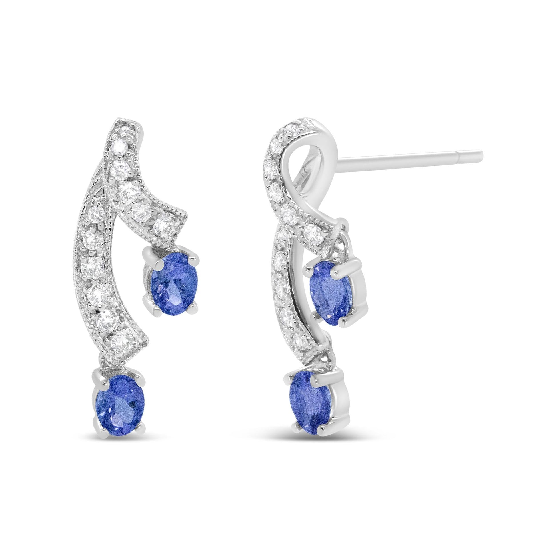 14K White Gold 4x3MM Oval Shaped Natural Blue Tanzanite Gemstone and 1/5 Cttw Diamond Double 3/4" Inch Drop Stud Earrings (H-I Color, VS1-VS2 Clarity)-4