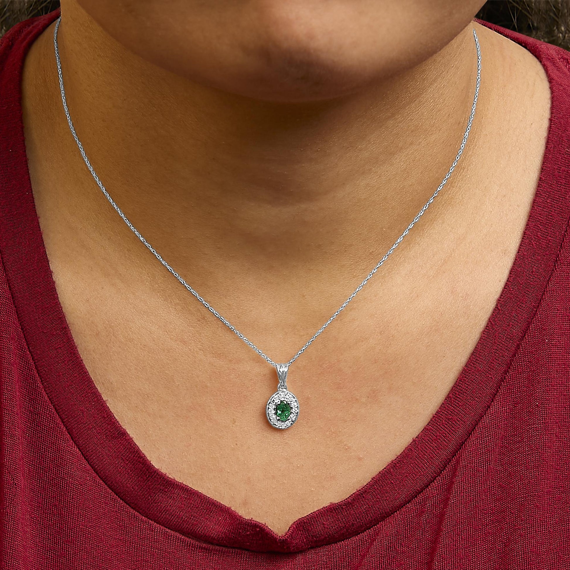 14K White Gold Oval 6x4 MM Green Emerald and Diamond Halo Pendant Necklace - 18 inch-2