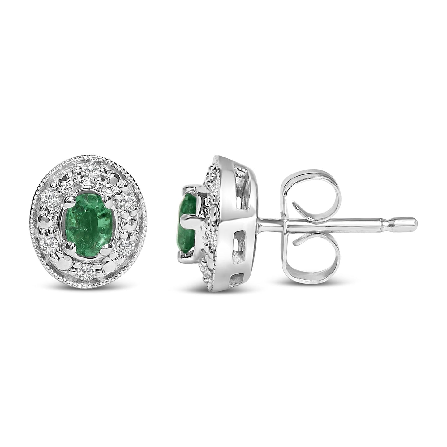 14K White Gold Oval Green Emerald and 1/10 Cttw Diamond Halo Stud Earrings  (I-J Color, I1-I2 Clarity)-3